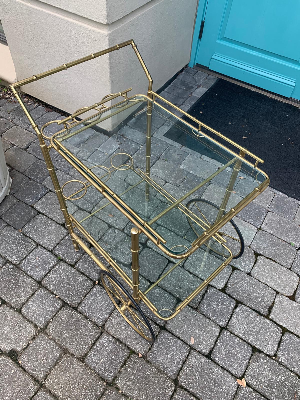 Italian Brass Faux Bamboo Bar Cart with Bottle Carriers, circa 1970s 2