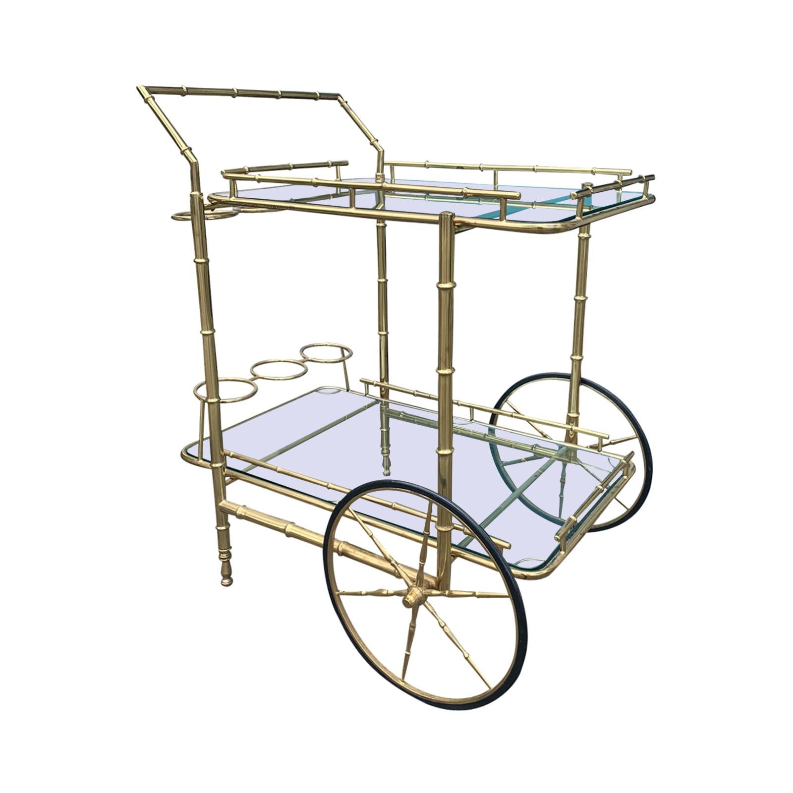 Italian Brass Faux Bamboo Bar Cart with Bottle Carriers, circa 1970s