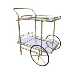 Vintage Italian Brass Faux Bamboo Bar Cart with Bottle Carriers, circa 1970s