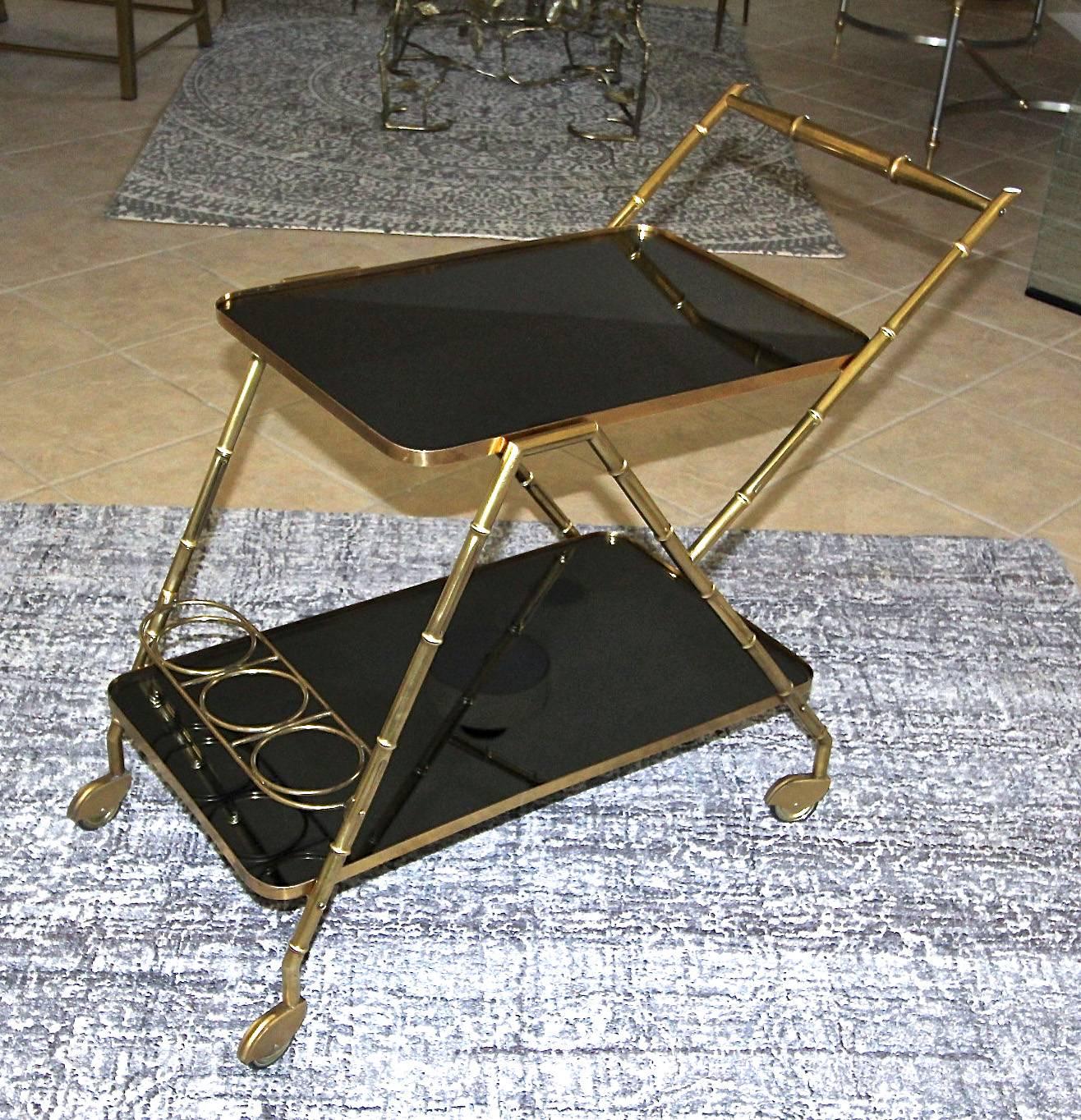 1950s Italian brass faux bamboo two-tier bar or serving cart with newer dark charcoal mirrored inserts.