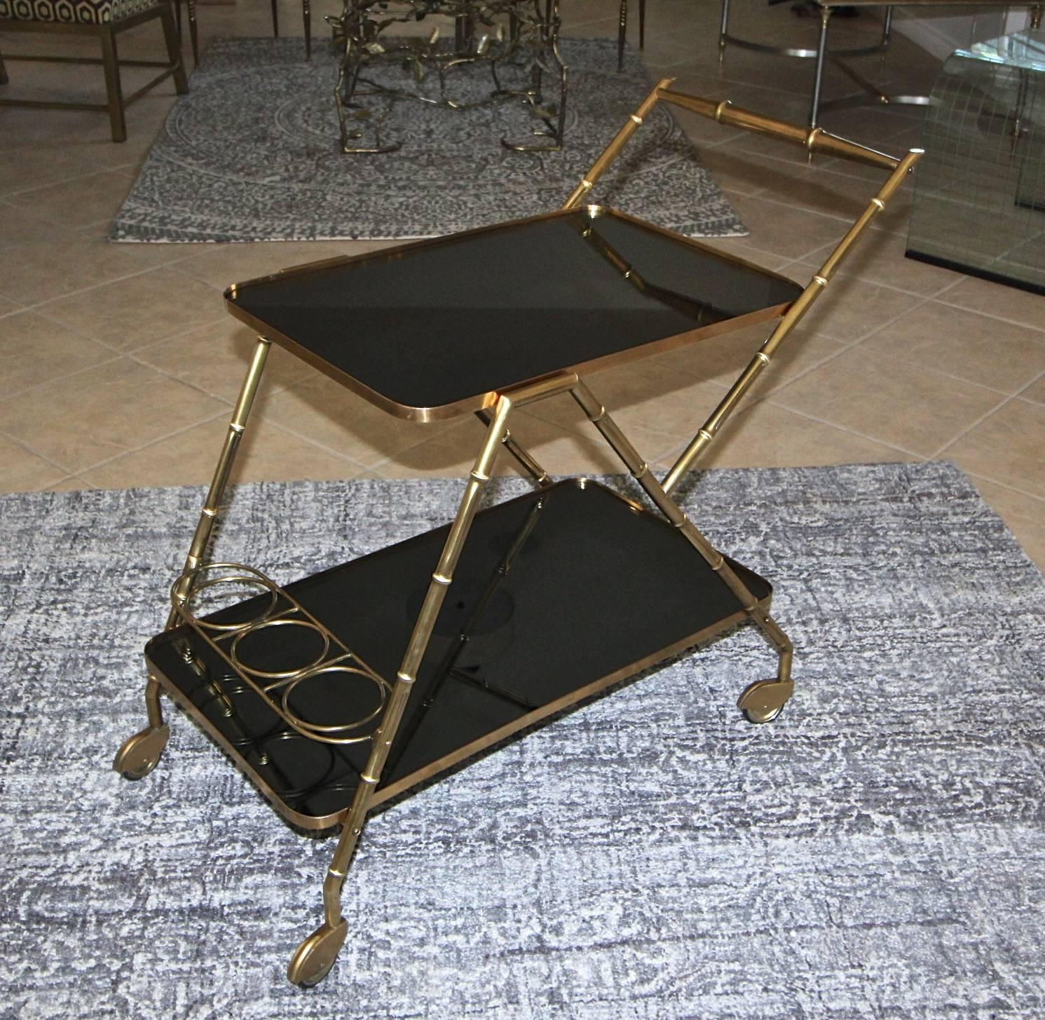 Mid-20th Century Italian Brass Faux Bamboo Bar Tea Cart For Sale