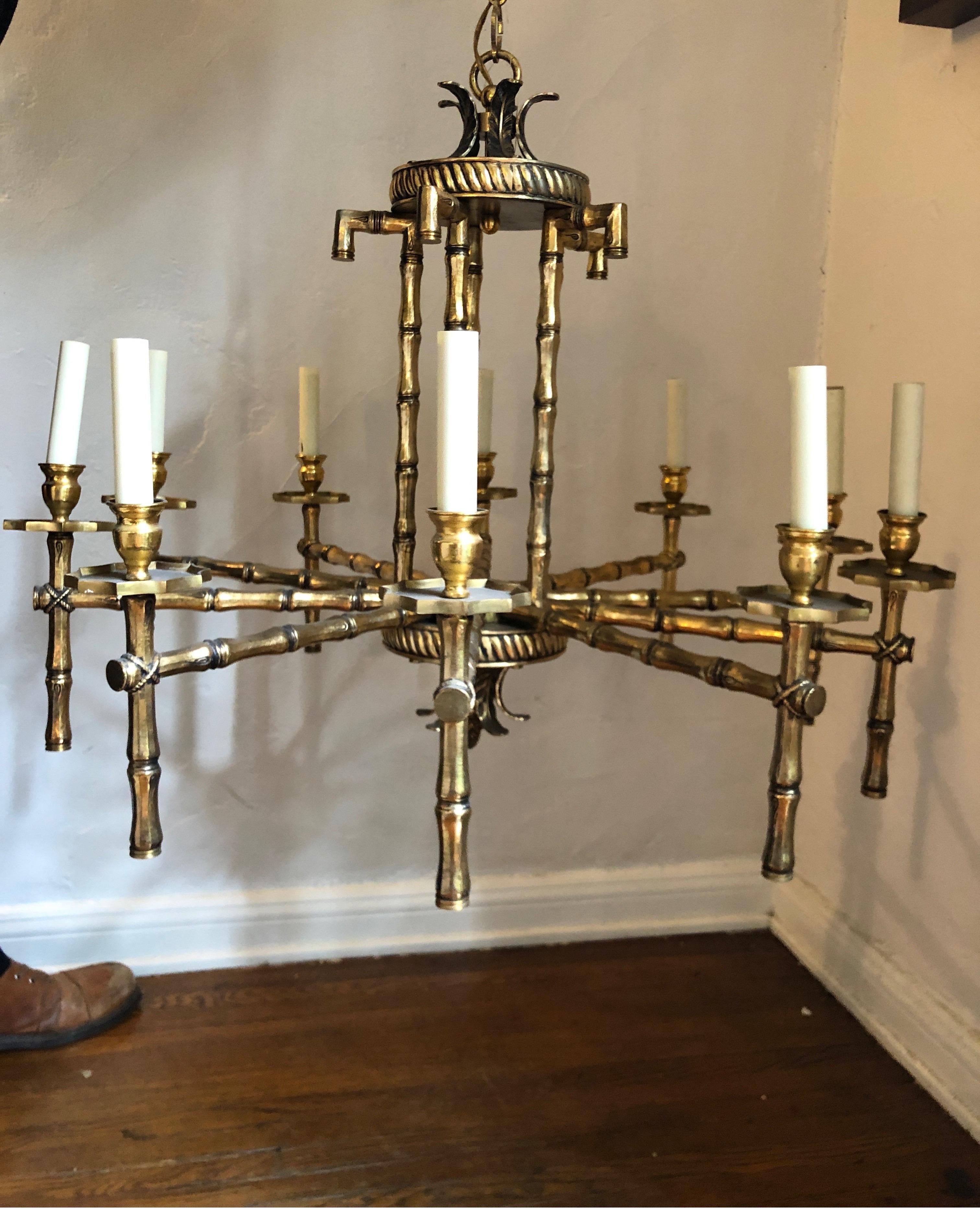 Italian faux brass pagoda chinoiserie style midcentury chandelier.
circa 1970s
10 lights total.