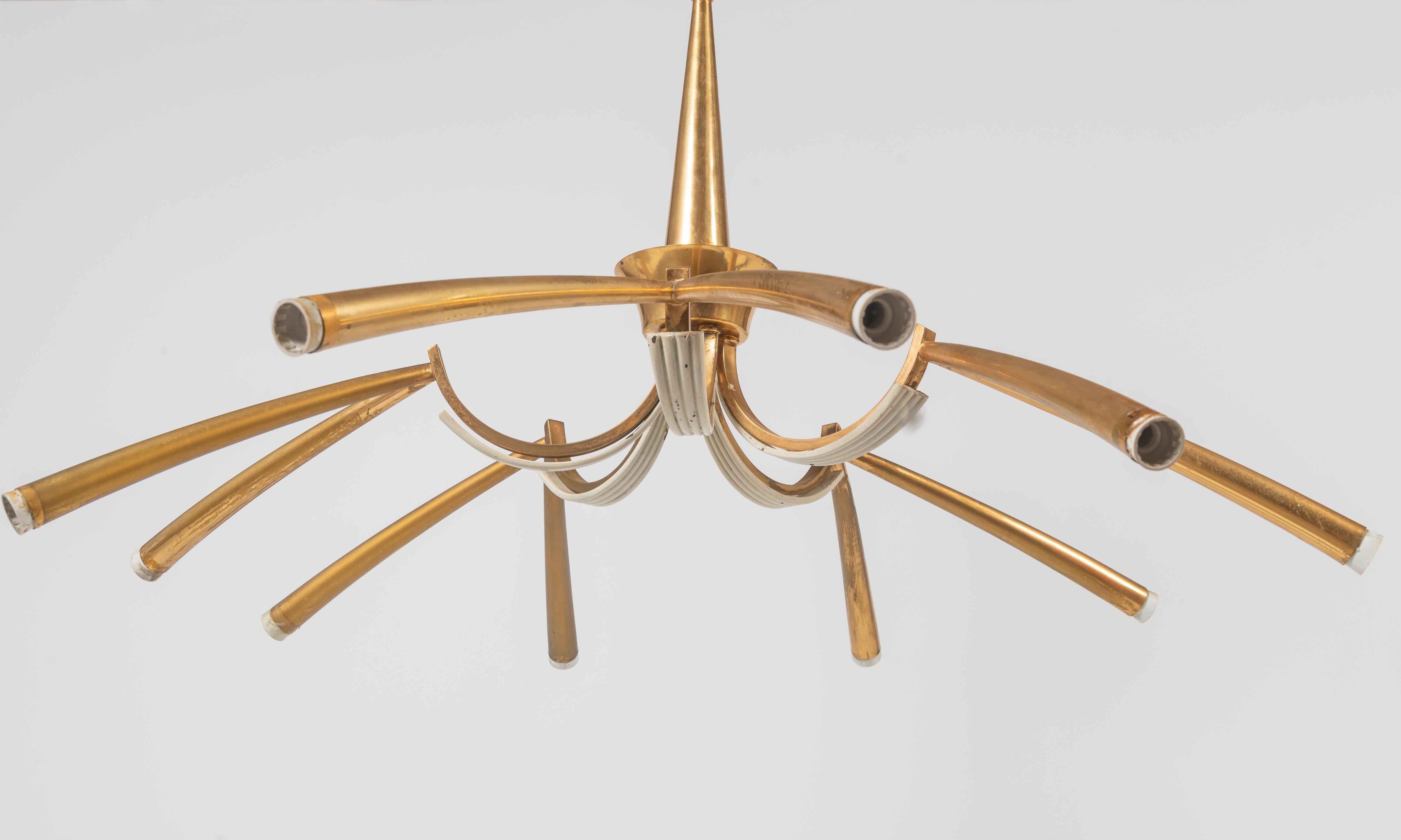 Italian Brass Five Arms with Ten Lights Sputnik Chandelier For Sale 3