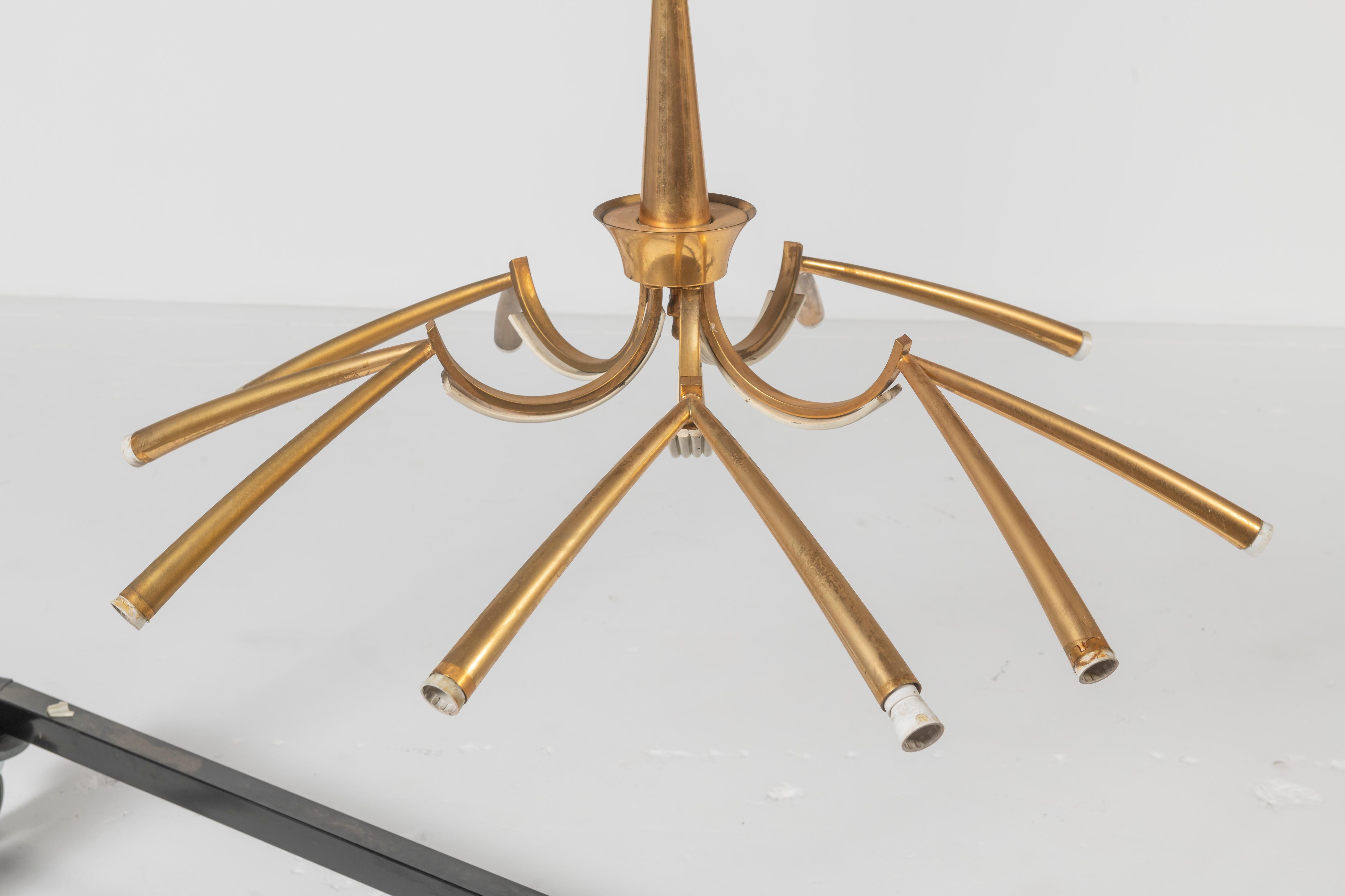Polished Italian Brass Five Arms with Ten Lights Sputnik Chandelier  For Sale
