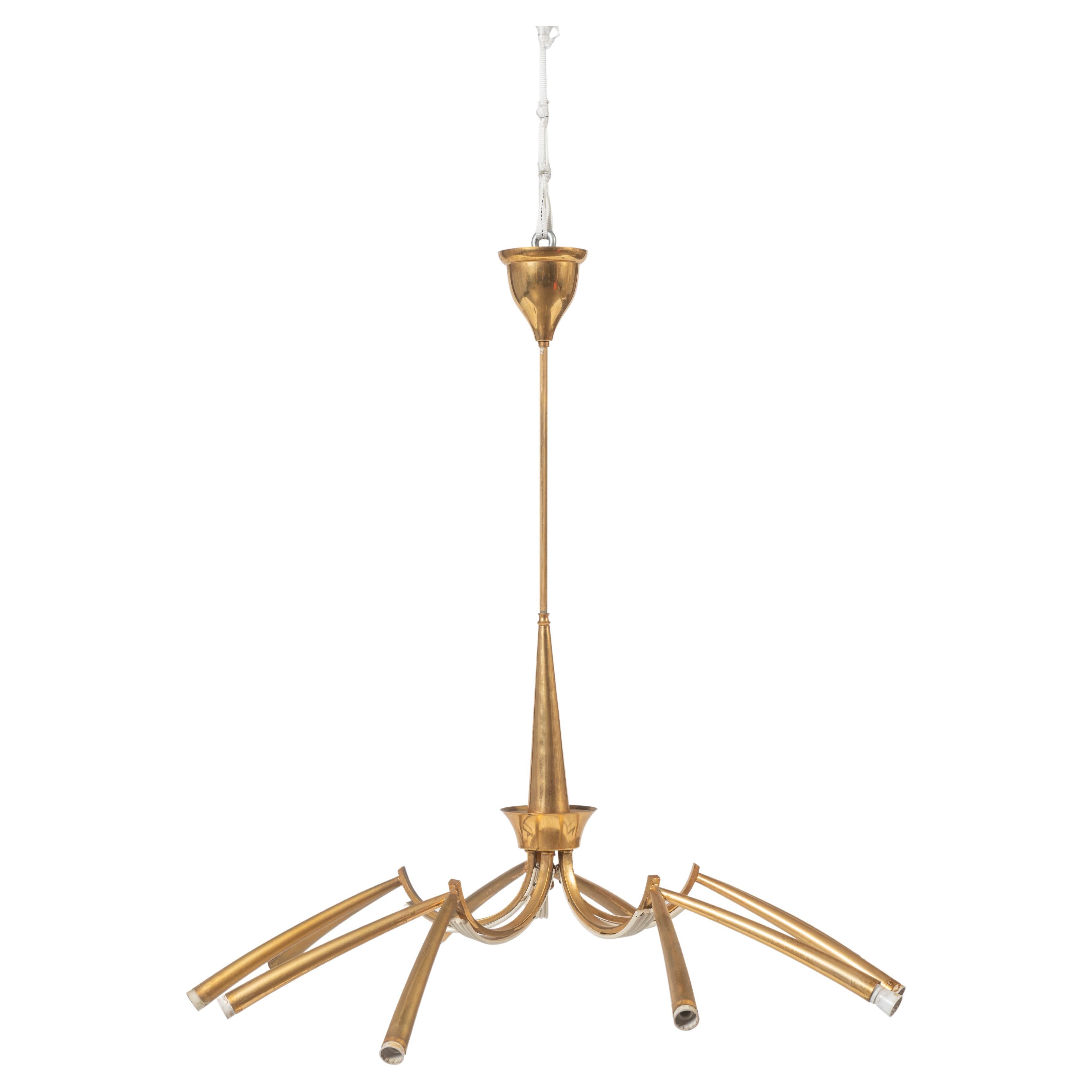 Italian Brass Five Arms with Ten Lights Sputnik Chandelier