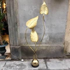 Italian Brass Floor Lamp by Tommaso Barbi Three Hammered Brass Leaves, 1980s