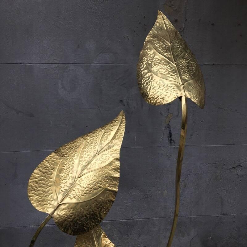Modern Italian Brass Floor Lamp by Tommaso Barbi Three Hammered Brass Leaves, 1980s