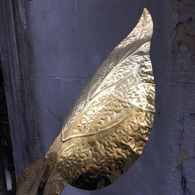Late 20th Century Italian Brass Floor Lamp by Tommaso Barbi Three Hammered Brass Leaves, 1980s