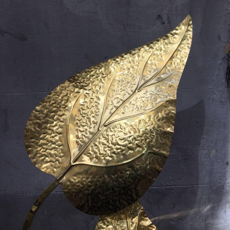 Italian Brass Floor Lamp by Tommaso Barbi Three Hammered Brass Leaves, 1980s 2