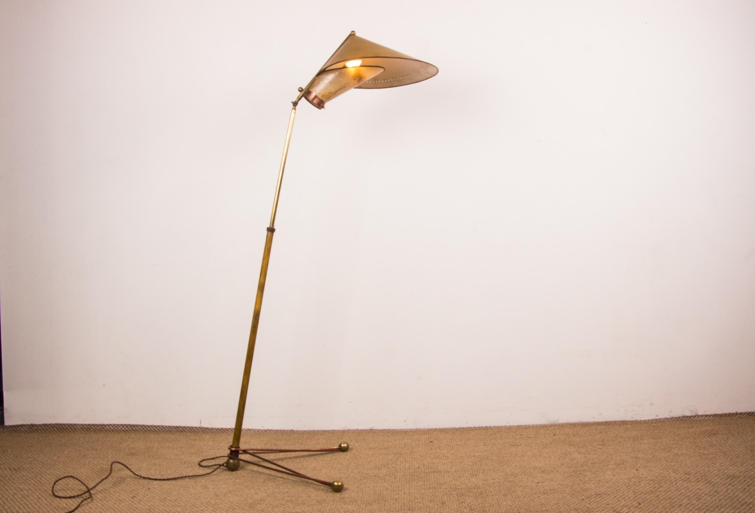 Scandinavian Modern Italian Brass Floor Lamp was conical adjustable by Stilnovo 1950. For Sale
