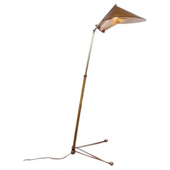 Italian Brass Floor Lamp Was Conical Adjustable in Inclination and Height Stilno