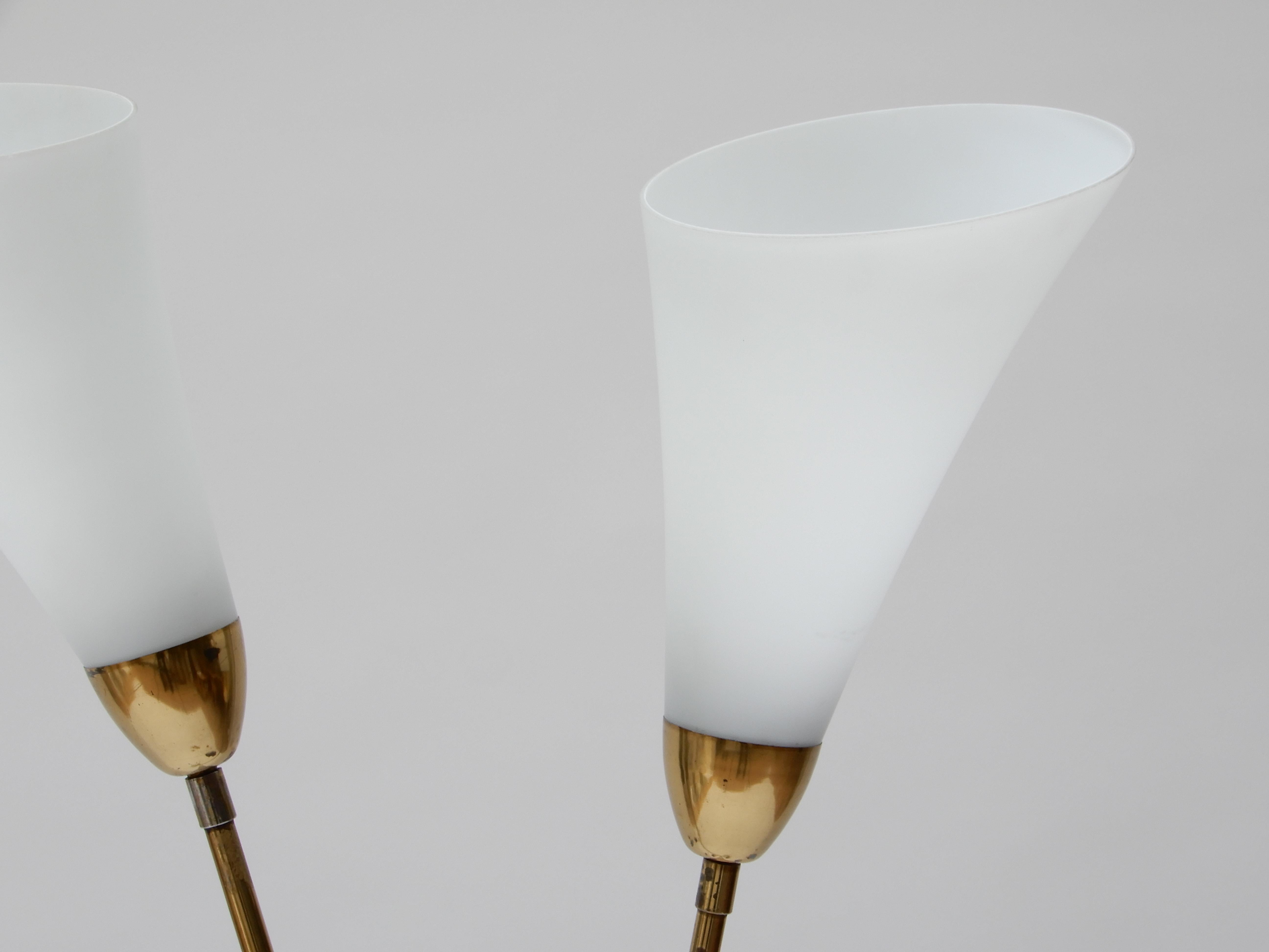Mid-20th Century Italian Brass Floor Lamp with Two Opaline Glass Shades, 1950s