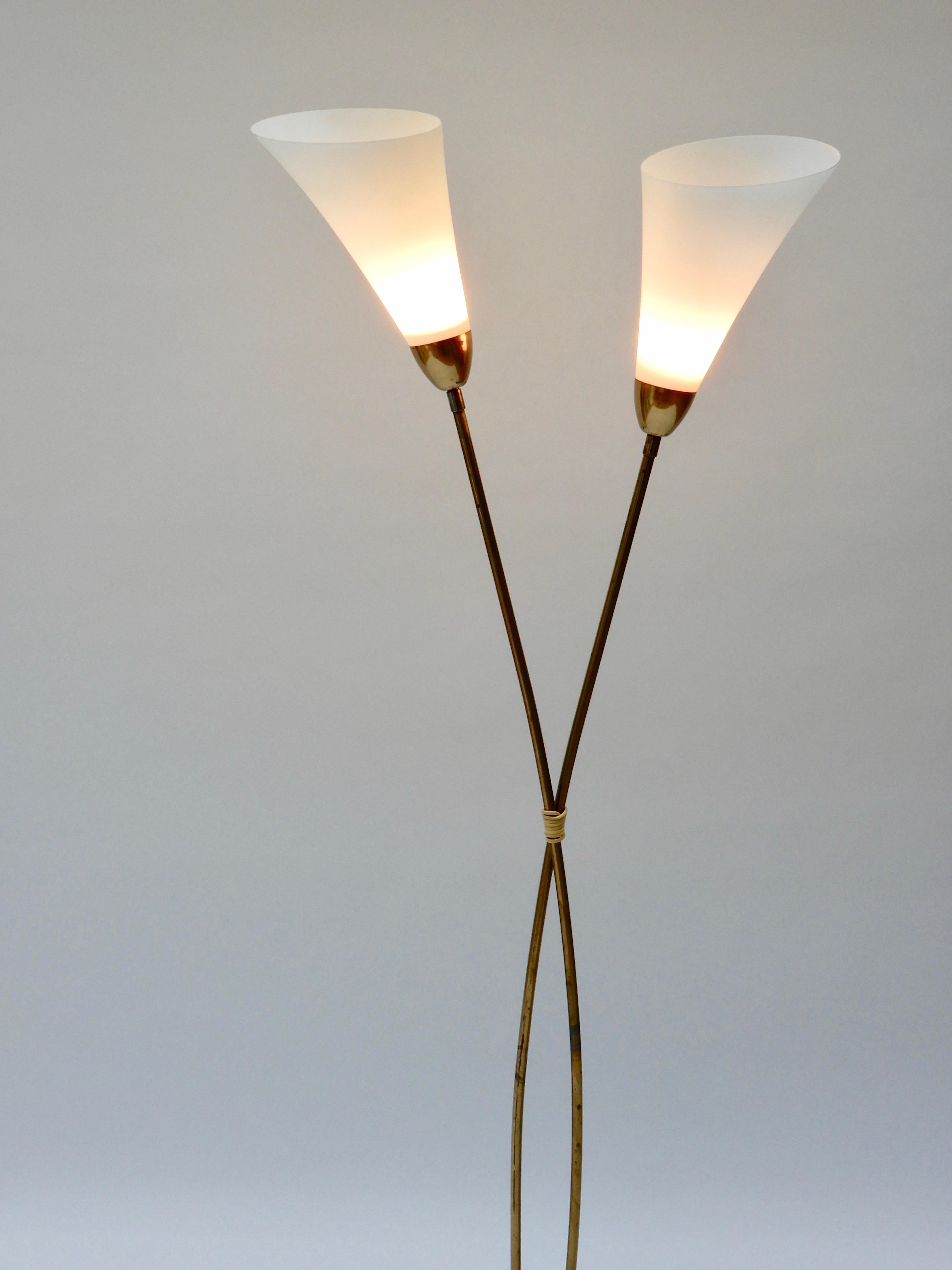 Italian Brass Floor Lamp with Two Opaline Glass Shades, 1950s 2