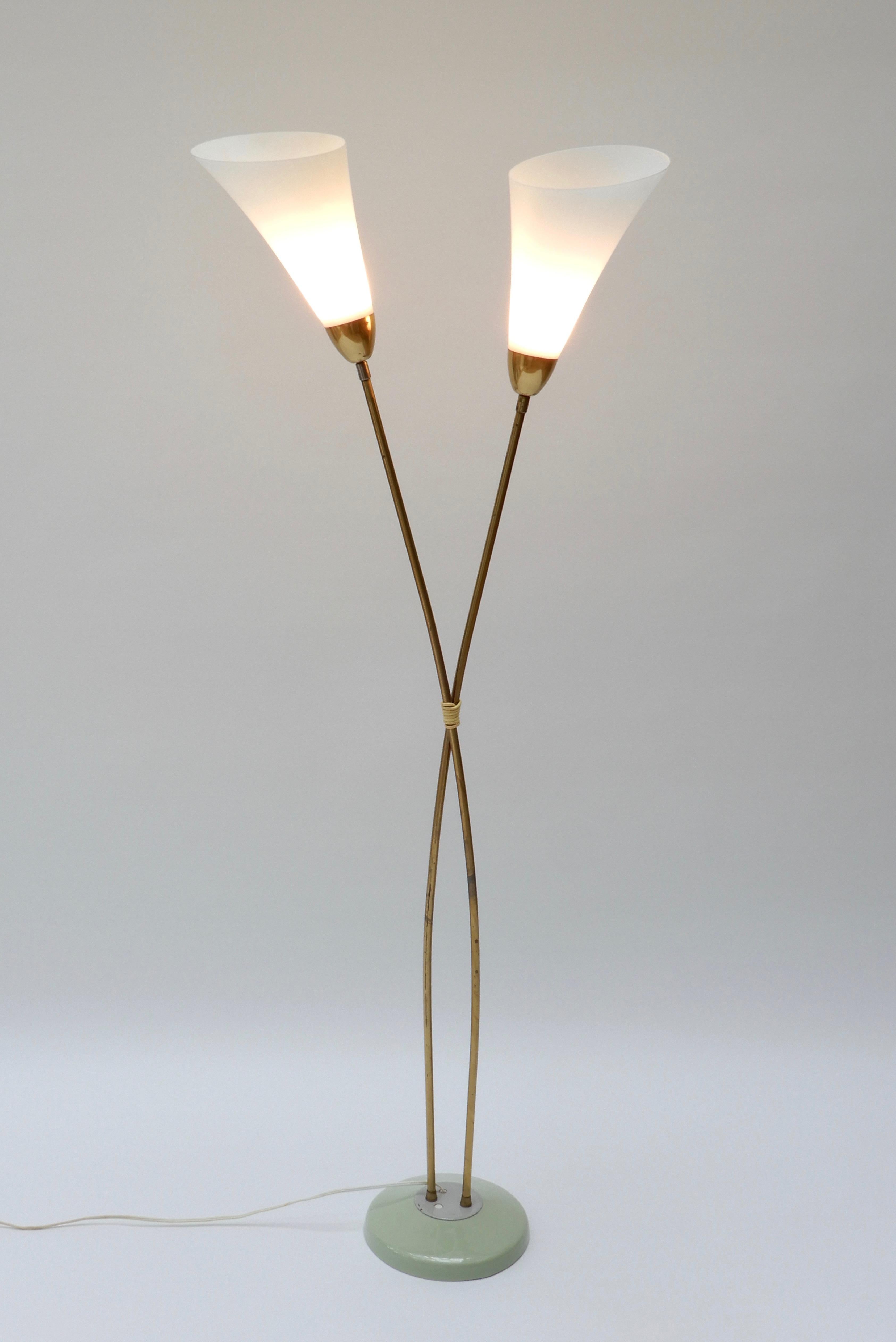 Italian Brass Floor Lamp with Two Opaline Glass Shades, 1950s 3