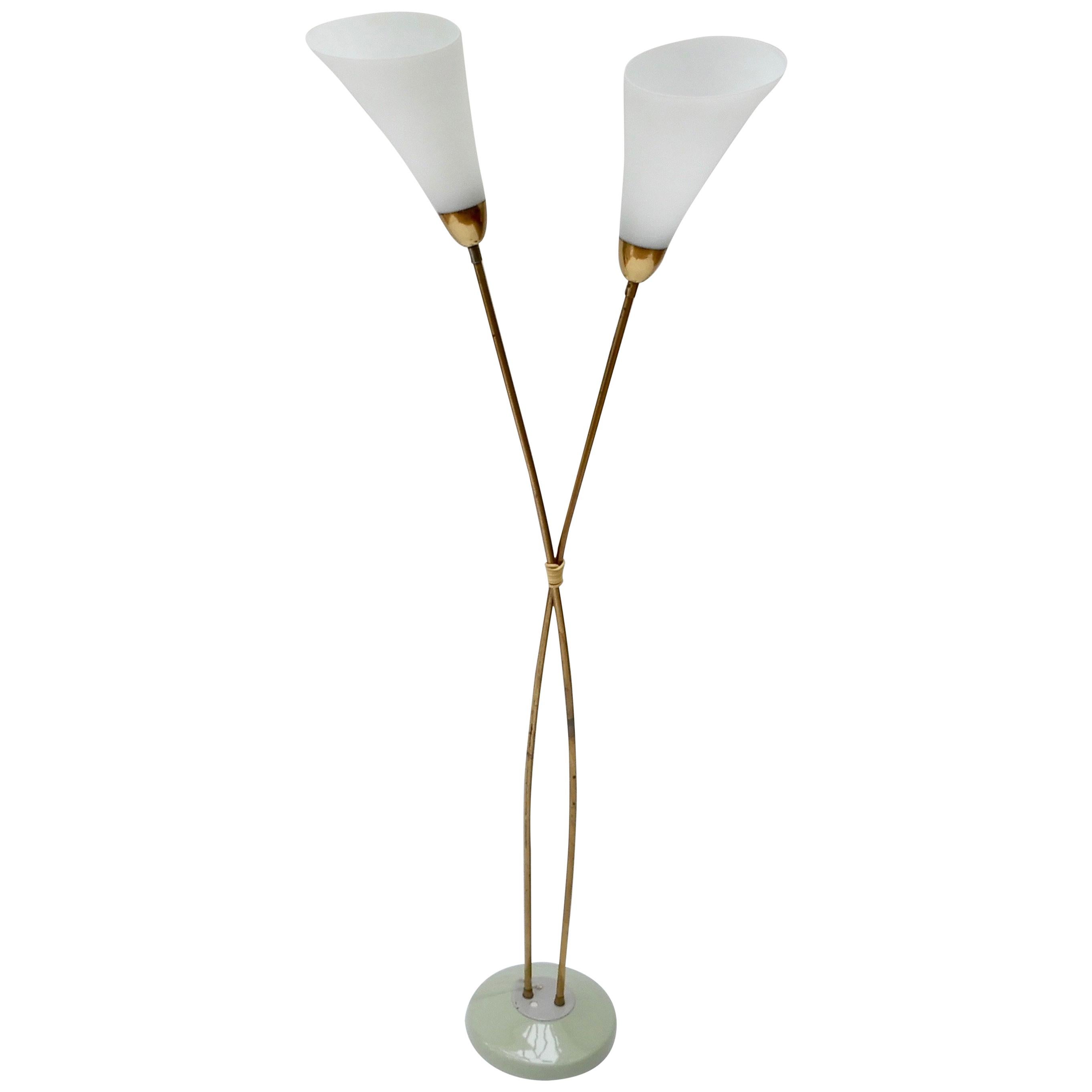 Italian Brass Floor Lamp with Two Opaline Glass Shades, 1950s