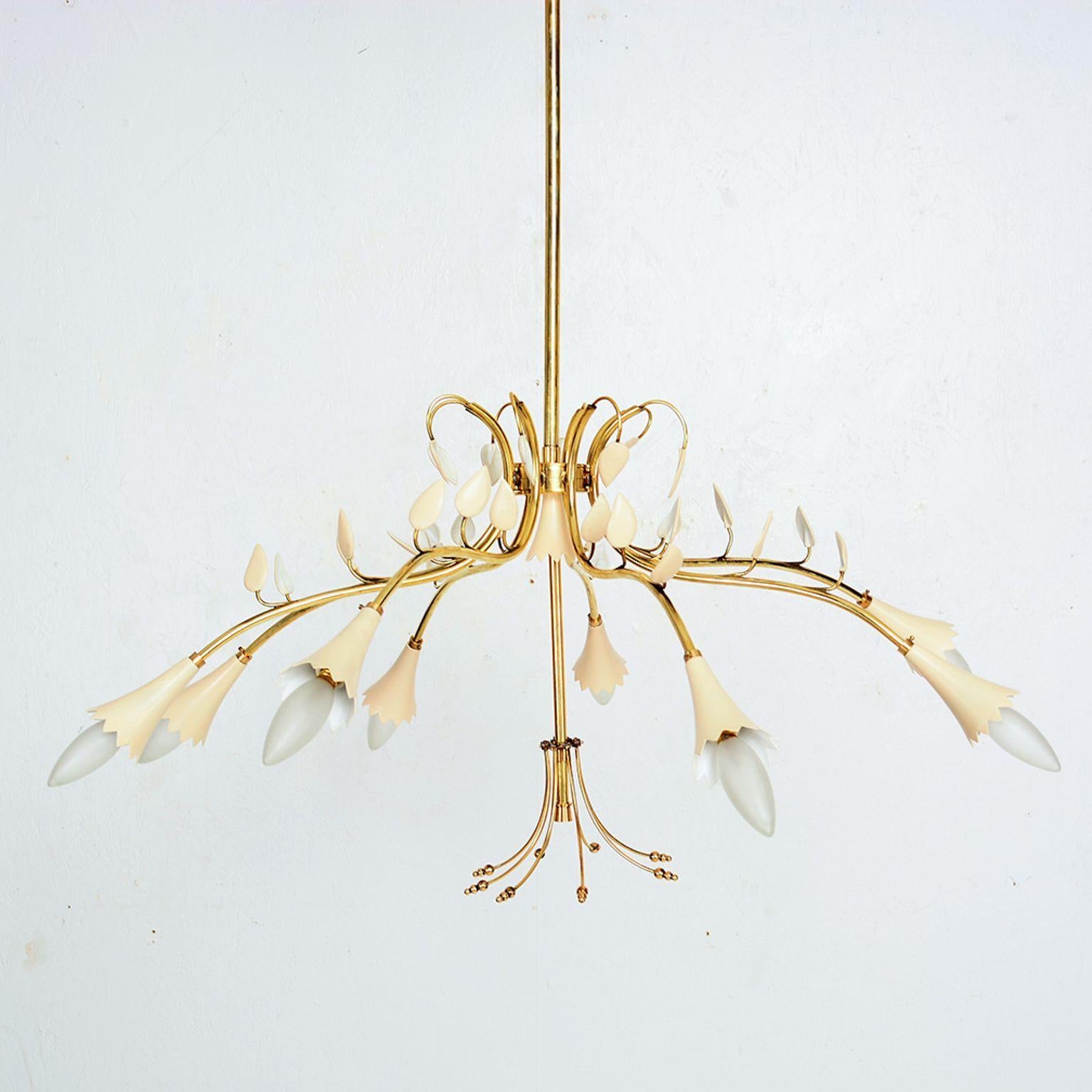 1950s Italy beautiful Italian chandelier attributed Stilnovo
No label
constructed with brass and aluminum shades.
eight arms with solid brass leaves with flower
Chandelier rewired good vintage preowned condition.
Height 45 in. x diameter 30
