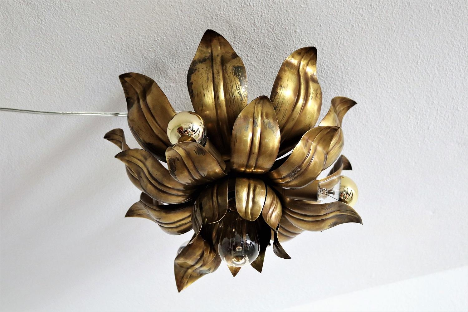 Italian Brass Flower Flush Mount or Ceiling Light in the Regency Style, 1970s 3