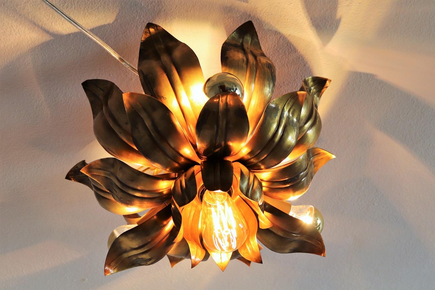 Burnished Italian Brass Flower Flush Mount or Ceiling Light in the Regency Style, 1970s
