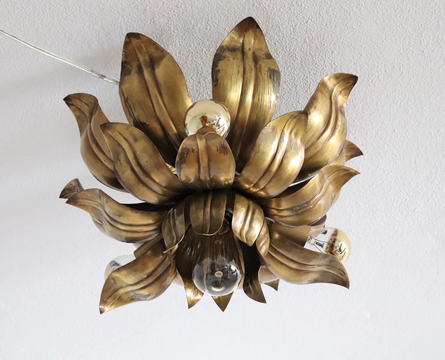 Italian Brass Flower Flush Mount or Ceiling Light in the Regency Style, 1970s 1