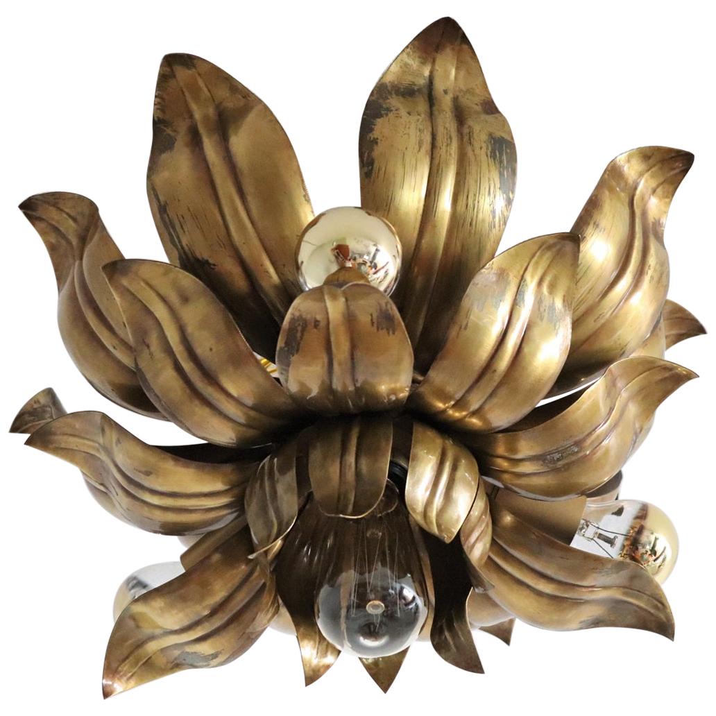 Italian Brass Flower Flush Mount or Ceiling Light in the Regency Style, 1970s