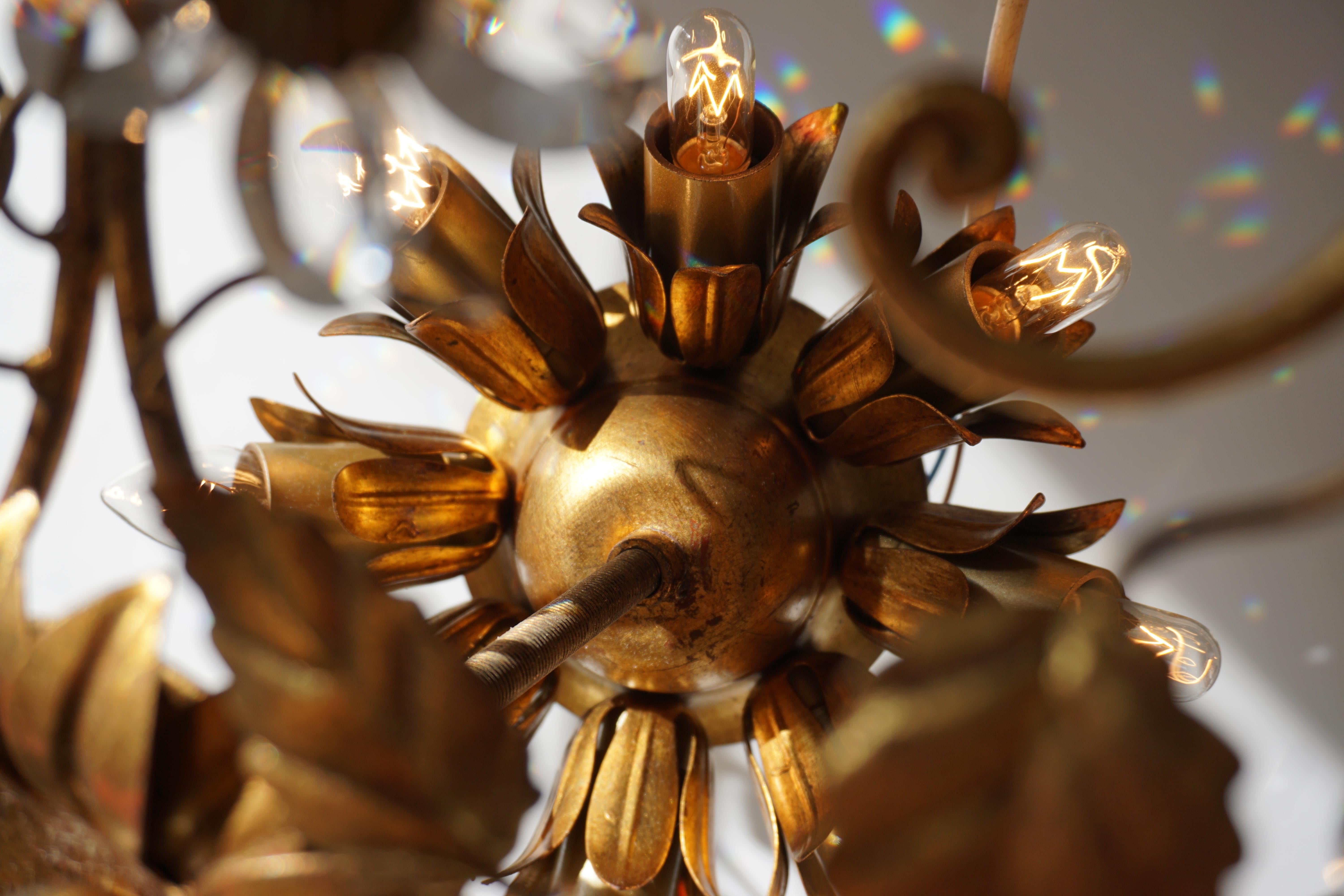 Italian Brass Flush Mount Chandelier with Crystal Flowers 5