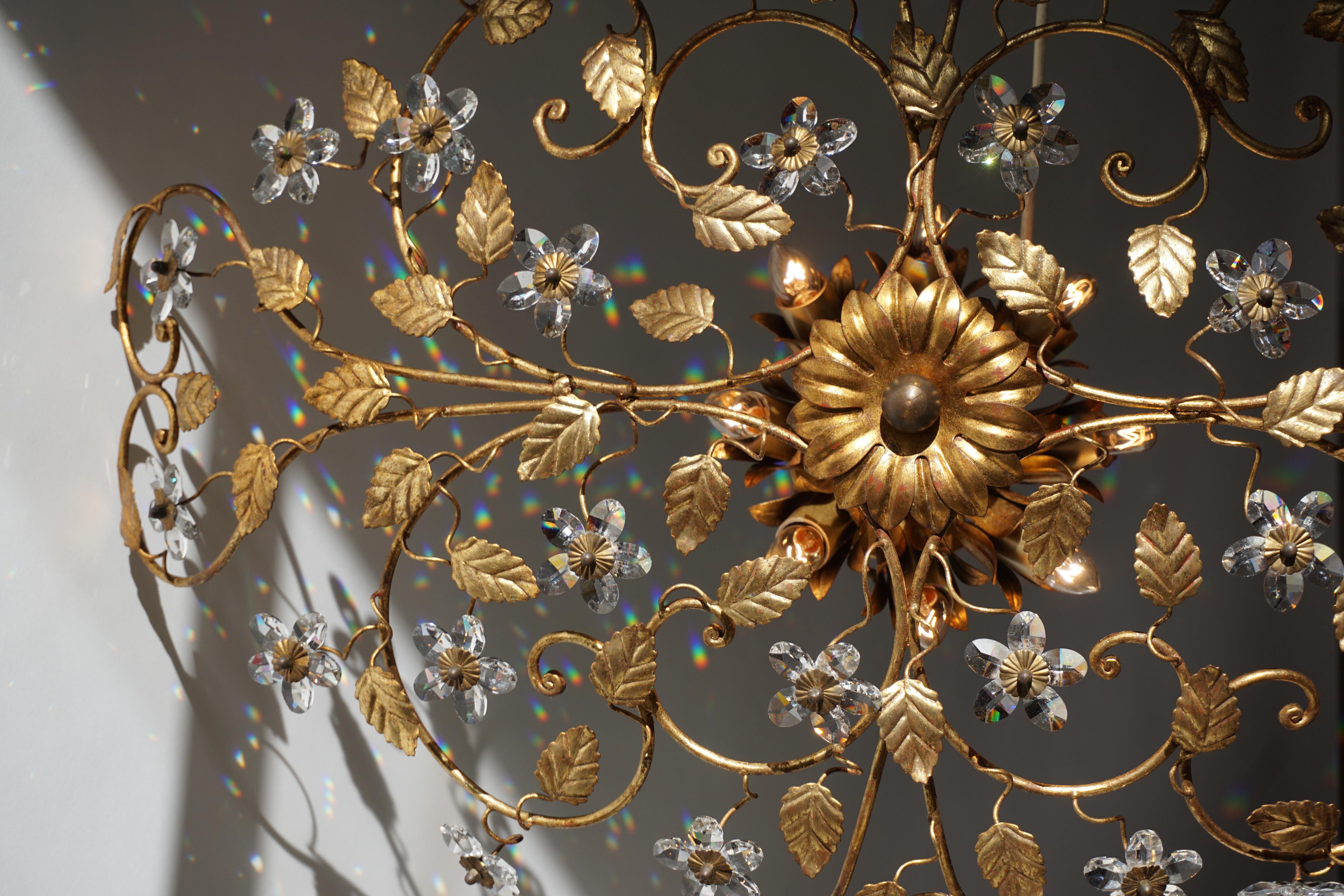 Italian Brass Flush Mount Chandelier with Crystal Flowers In Good Condition In Antwerp, BE