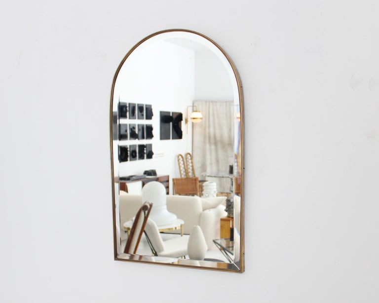 Mid-Century Modern Italian Brass Framed Classic Roman Arch Top Vintage Modernist Mirror For Sale
