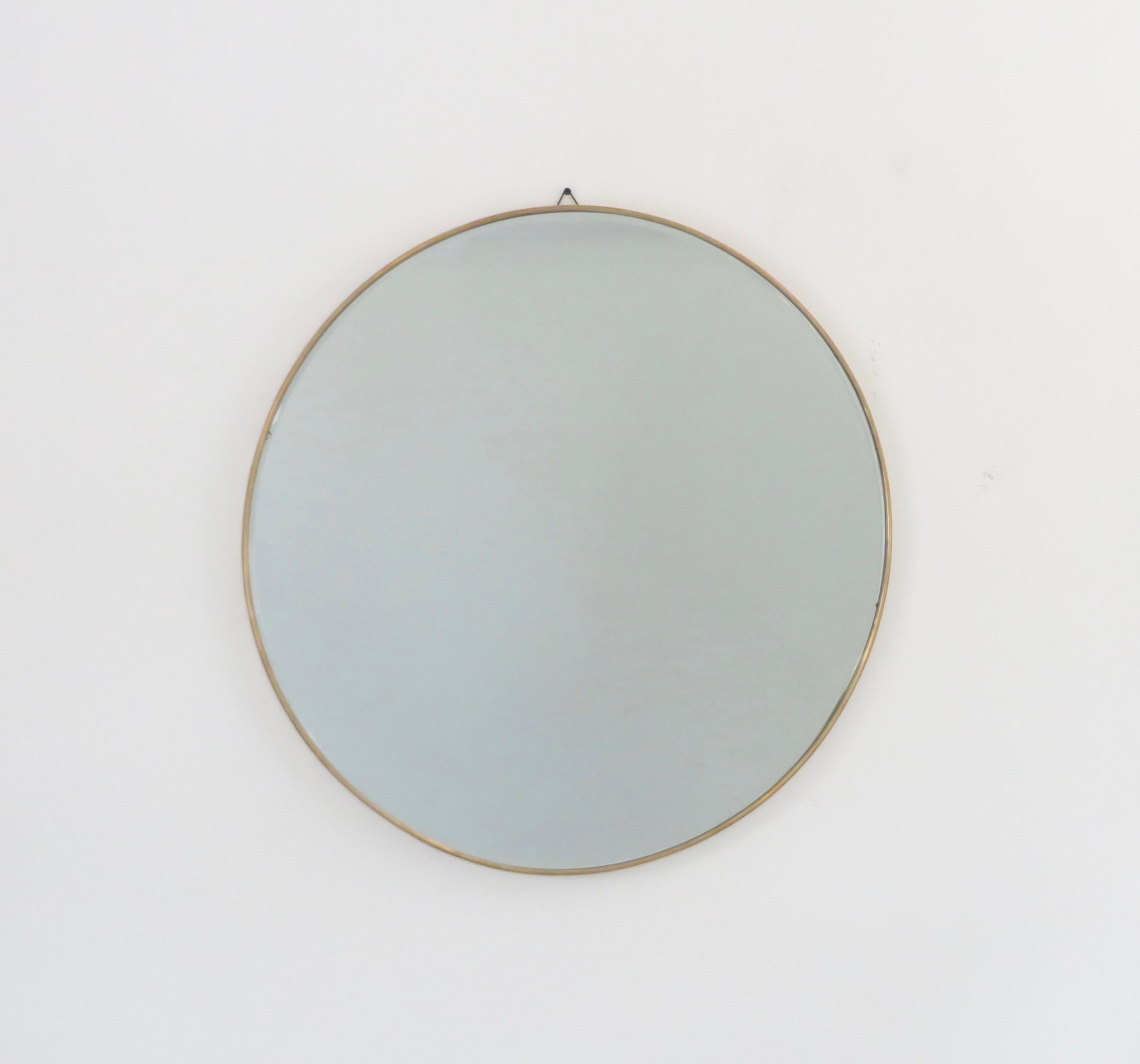 Mid-Century Modern Italian Brass Framed Vintage Round Mirror with Bevel