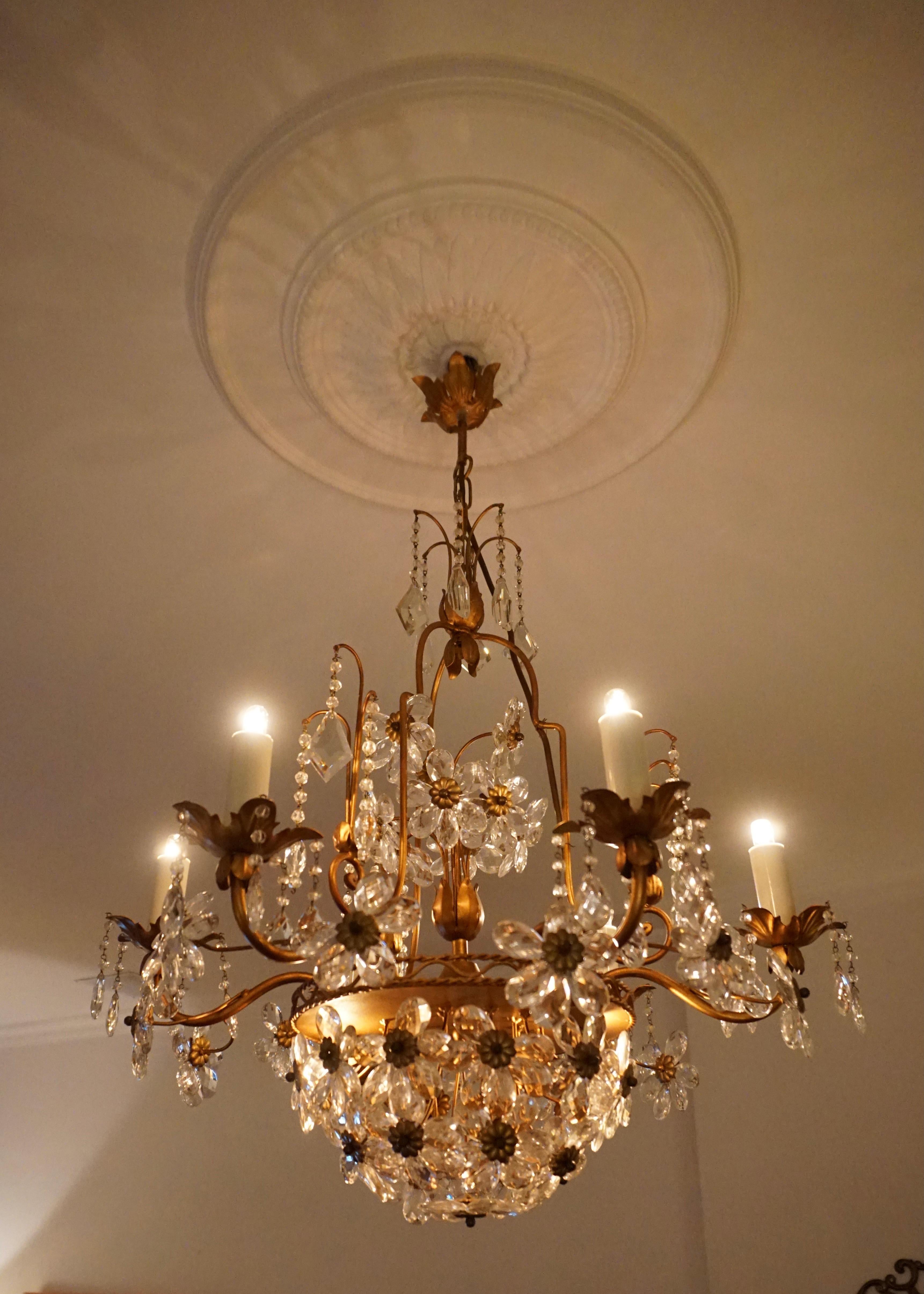 Hollywood Regency Italian Brass Gilt Chandelier with Glass Flowers For Sale