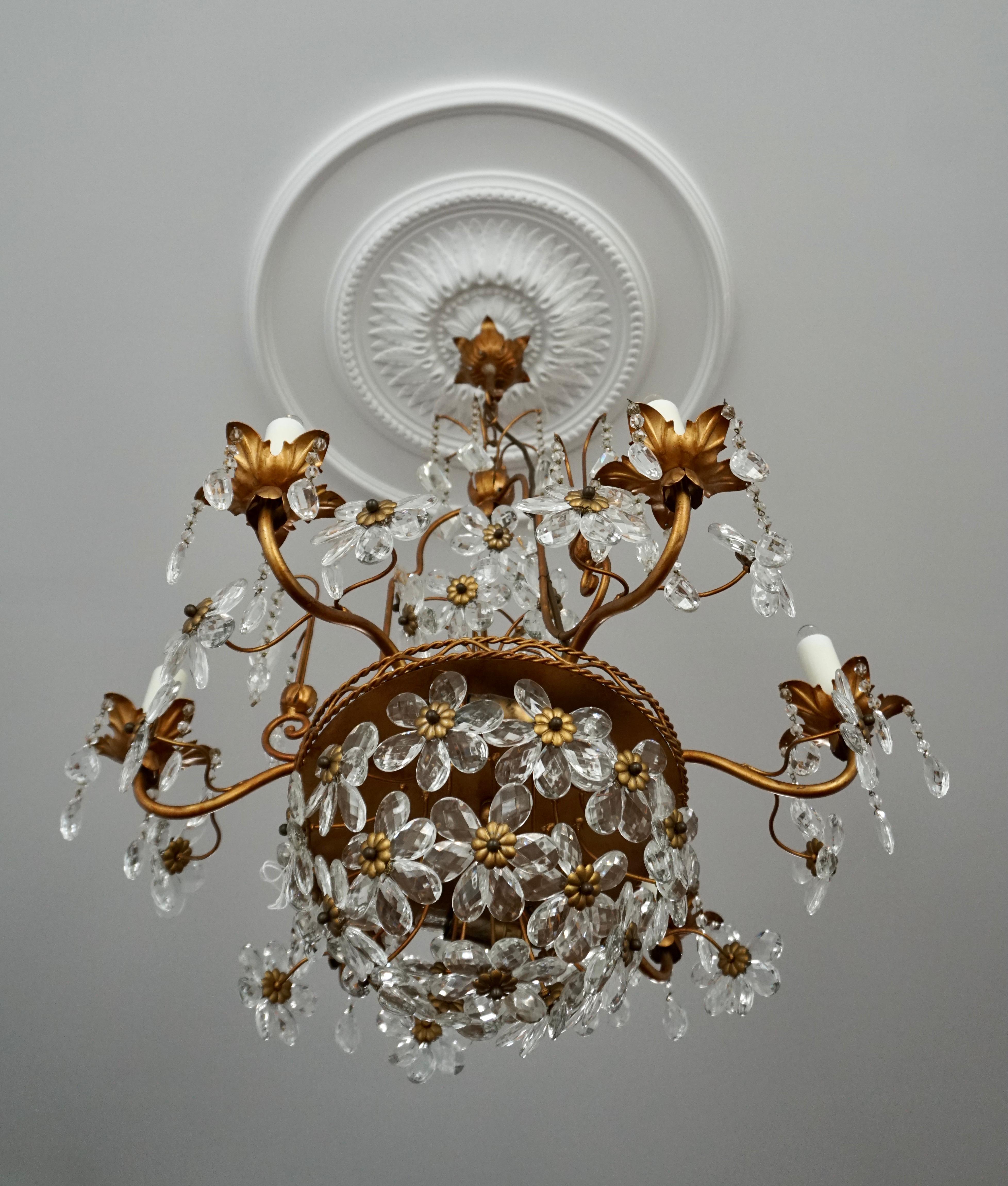 20th Century Italian Brass Gilt Chandelier with Glass Flowers For Sale