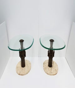 Italian Gothic Brass Glass Travertine Marble Drinks, Side or End Tables, Pair