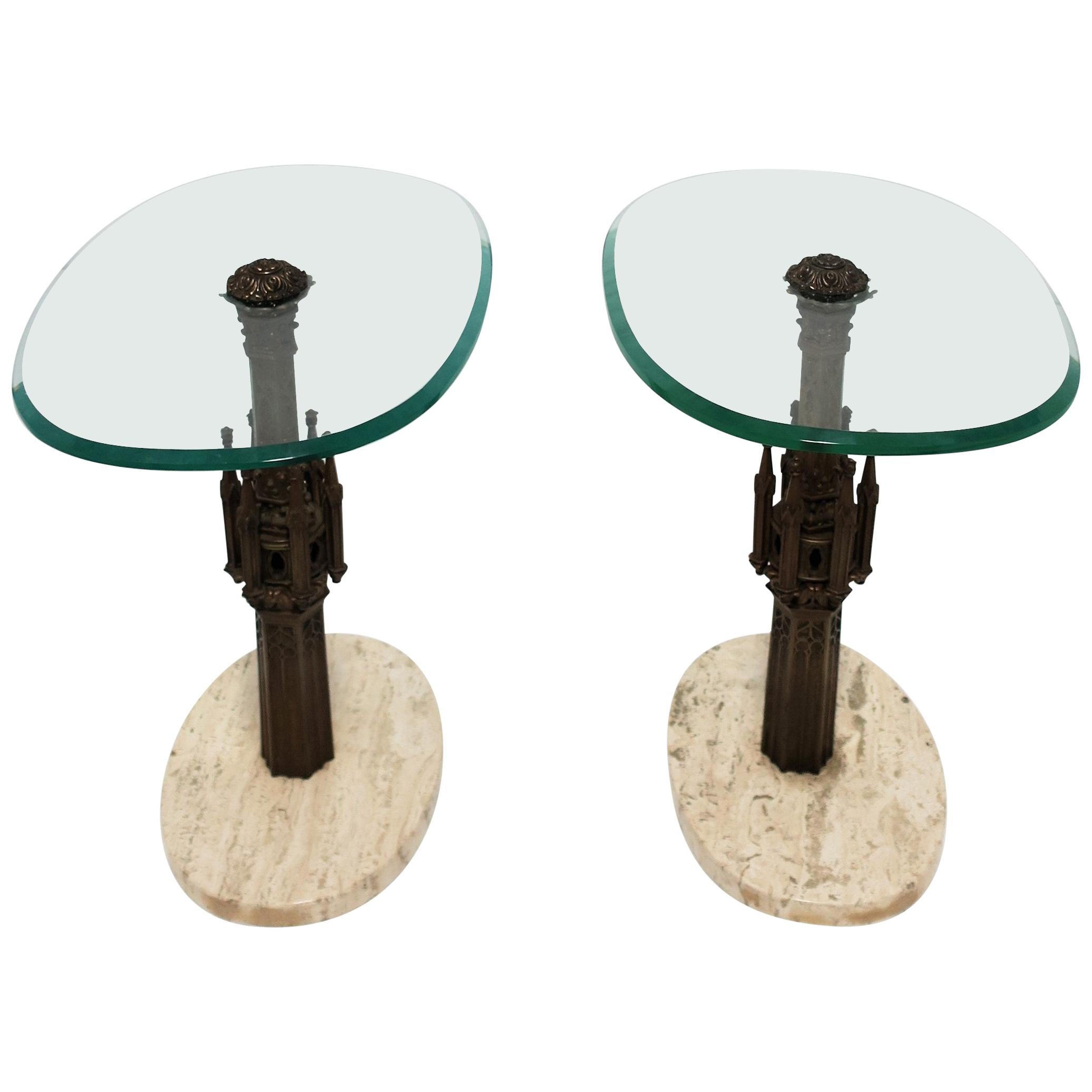 Italian Gothic Brass Glass and Travertine Marble Side or End Tables, Pair