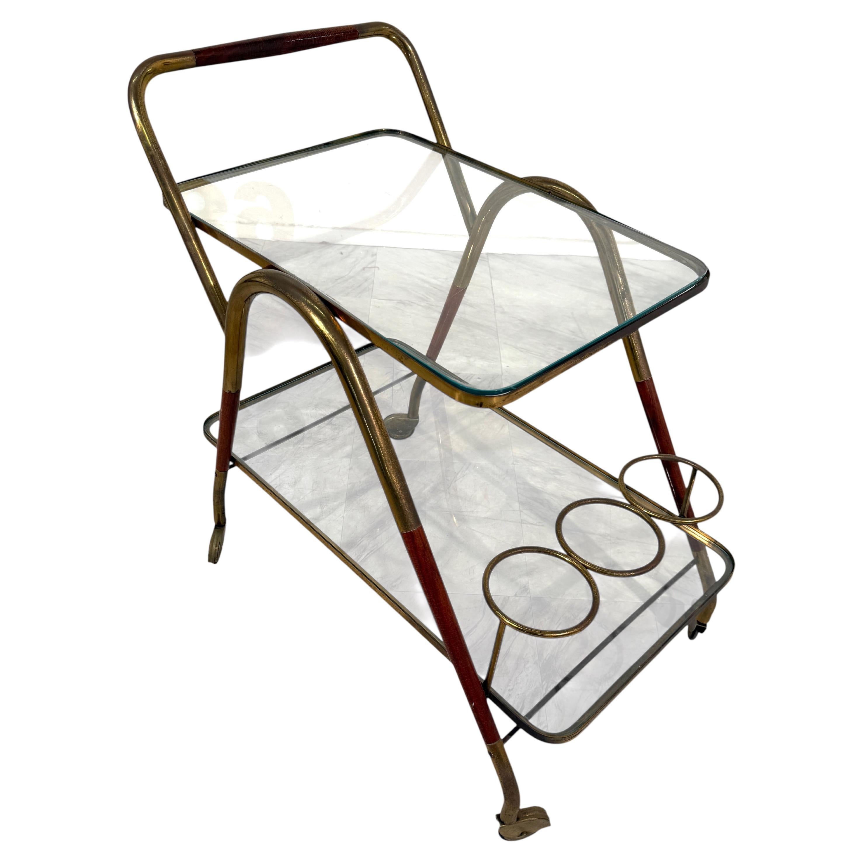 Carrito de bar italiano de latón y cristal con soporte para botellas en venta