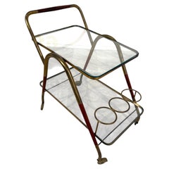 Carrito de bar italiano de latón y cristal con soporte para botellas