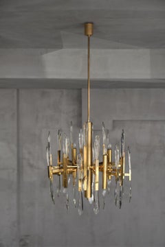 Vintage Italian Brass & Glass Icicles Chandelier by Gaetano Sciolari, 1970s