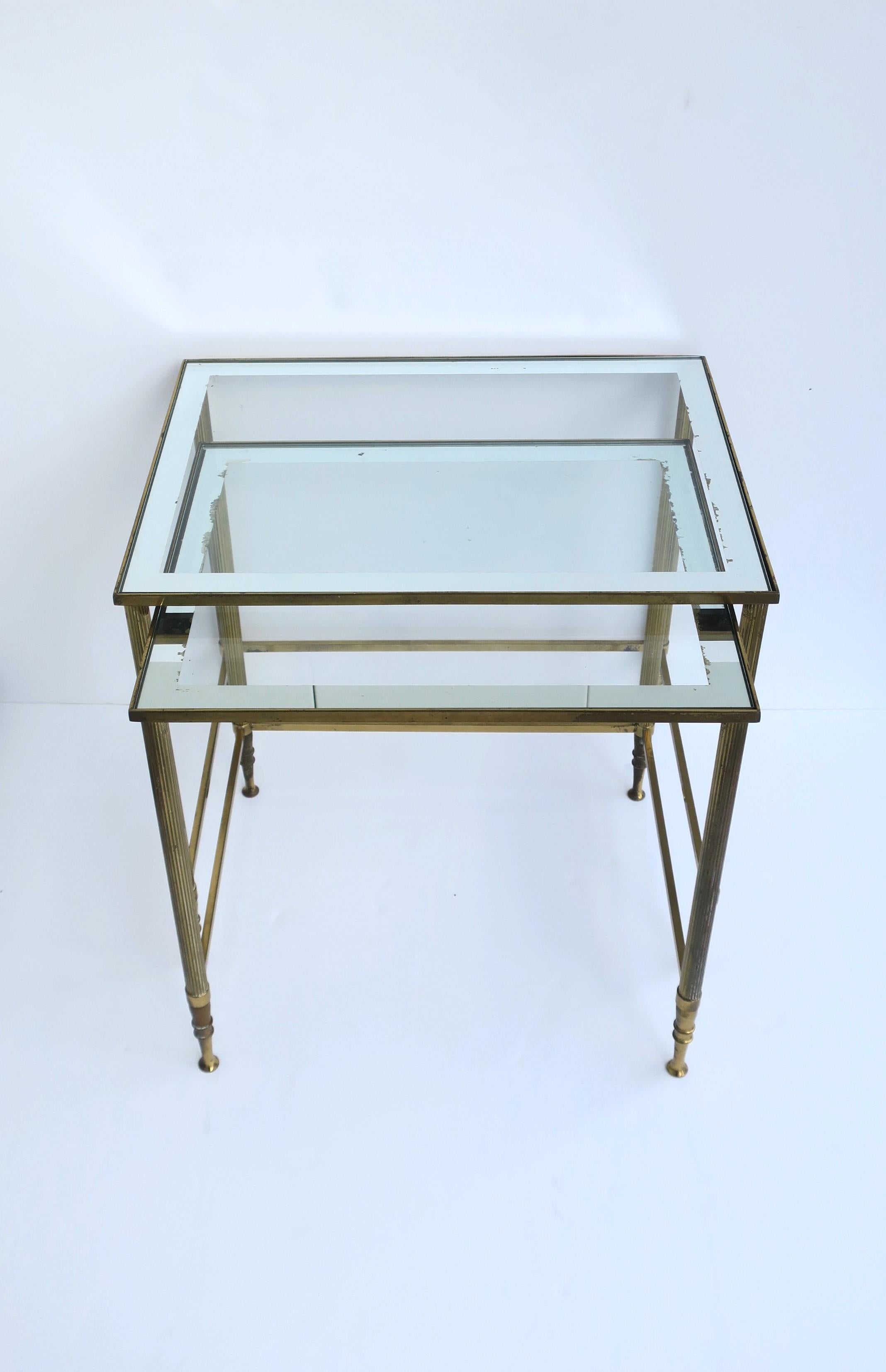 Italian Brass Glass Nesting End Tables Directoire Maison Jansen Style, Set In Good Condition For Sale In New York, NY