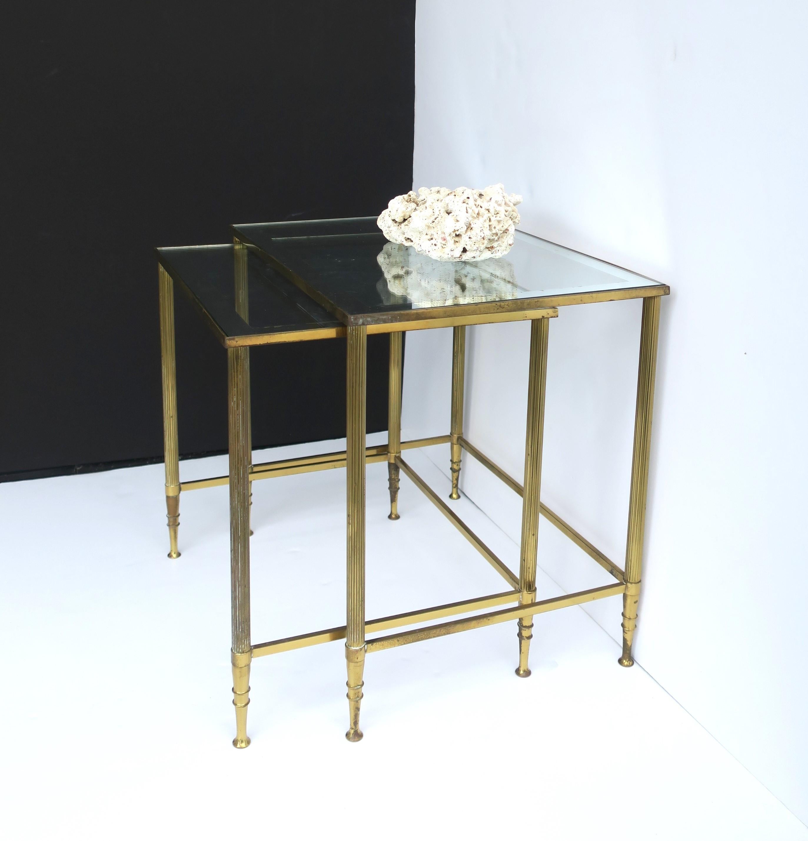 Italian Brass Glass Nesting End Tables Directoire Maison Jansen Style, Set For Sale 4