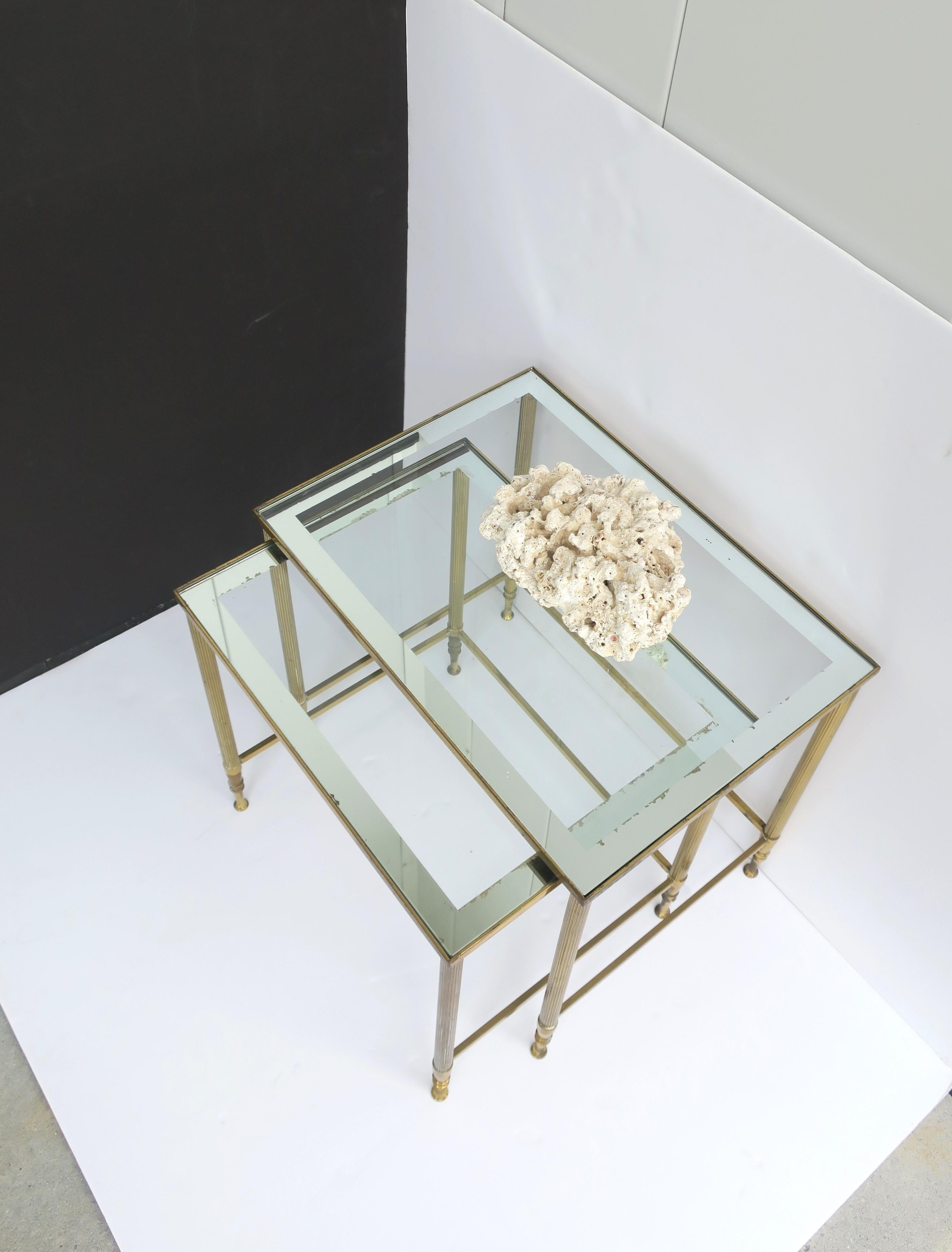 Italian Brass Glass Nesting End Tables Directoire Maison Jansen Style, Set For Sale 6