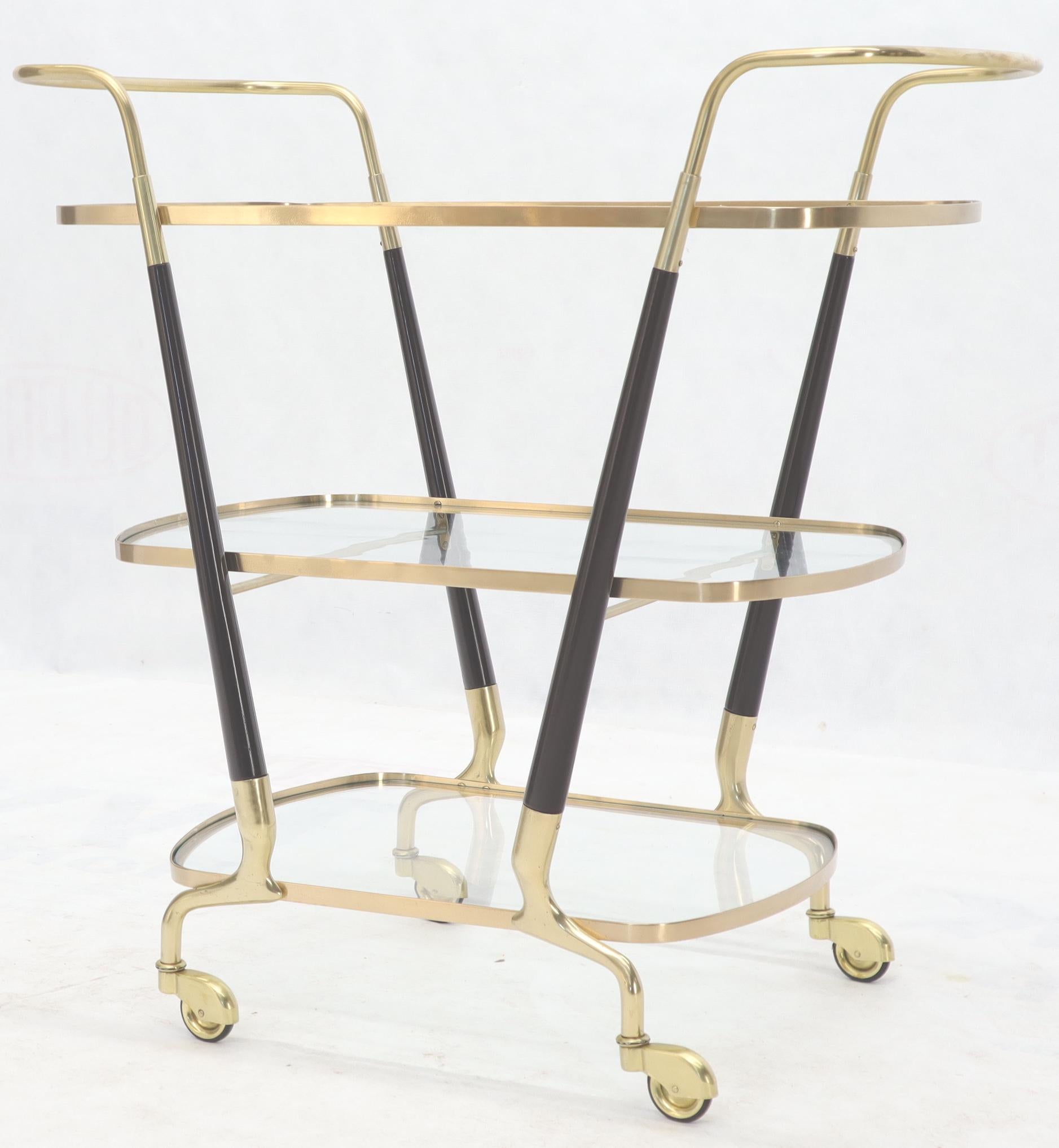 Italian Brass Glass & Wood 3-Tier Rolling Serving Bar Cart Mid-Century Modern 6