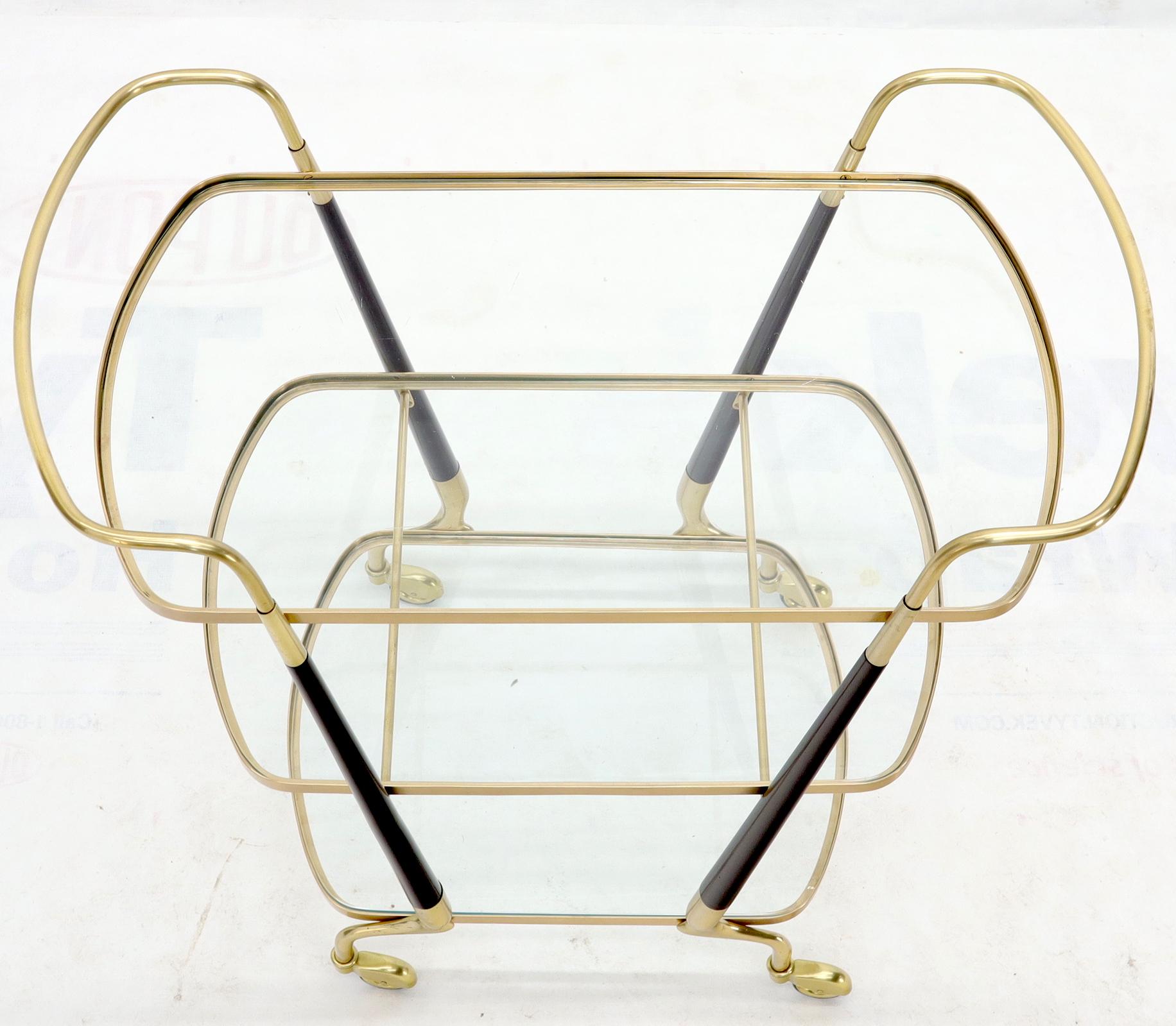 20th Century Italian Brass Glass & Wood 3-Tier Rolling Serving Bar Cart Mid-Century Modern