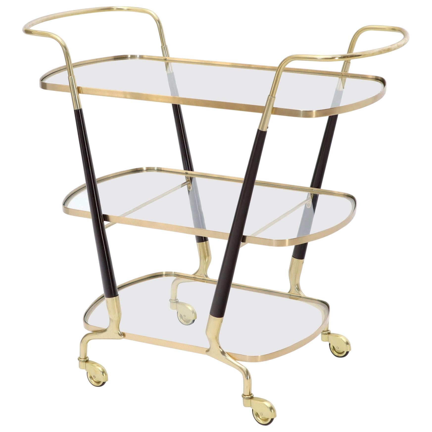 Italian Brass Glass & Wood 3-Tier Rolling Serving Bar Cart Mid-Century Modern