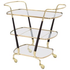 Italian Brass Glass & Wood 3-Tier Rolling Serving Bar Cart Mid-Century Modern