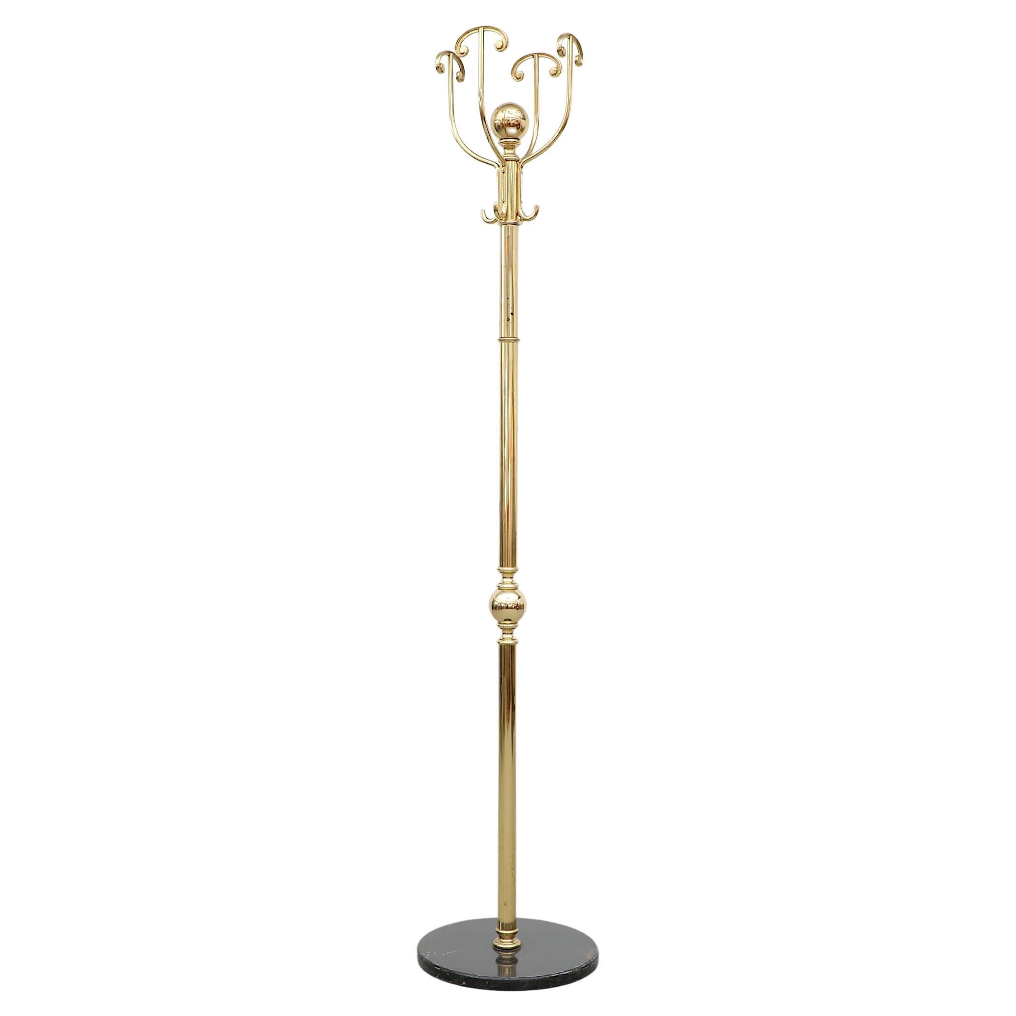 Cattadori Brass Hollywood Regency Style Curvy Coat Tree with Black Marble Base For Sale