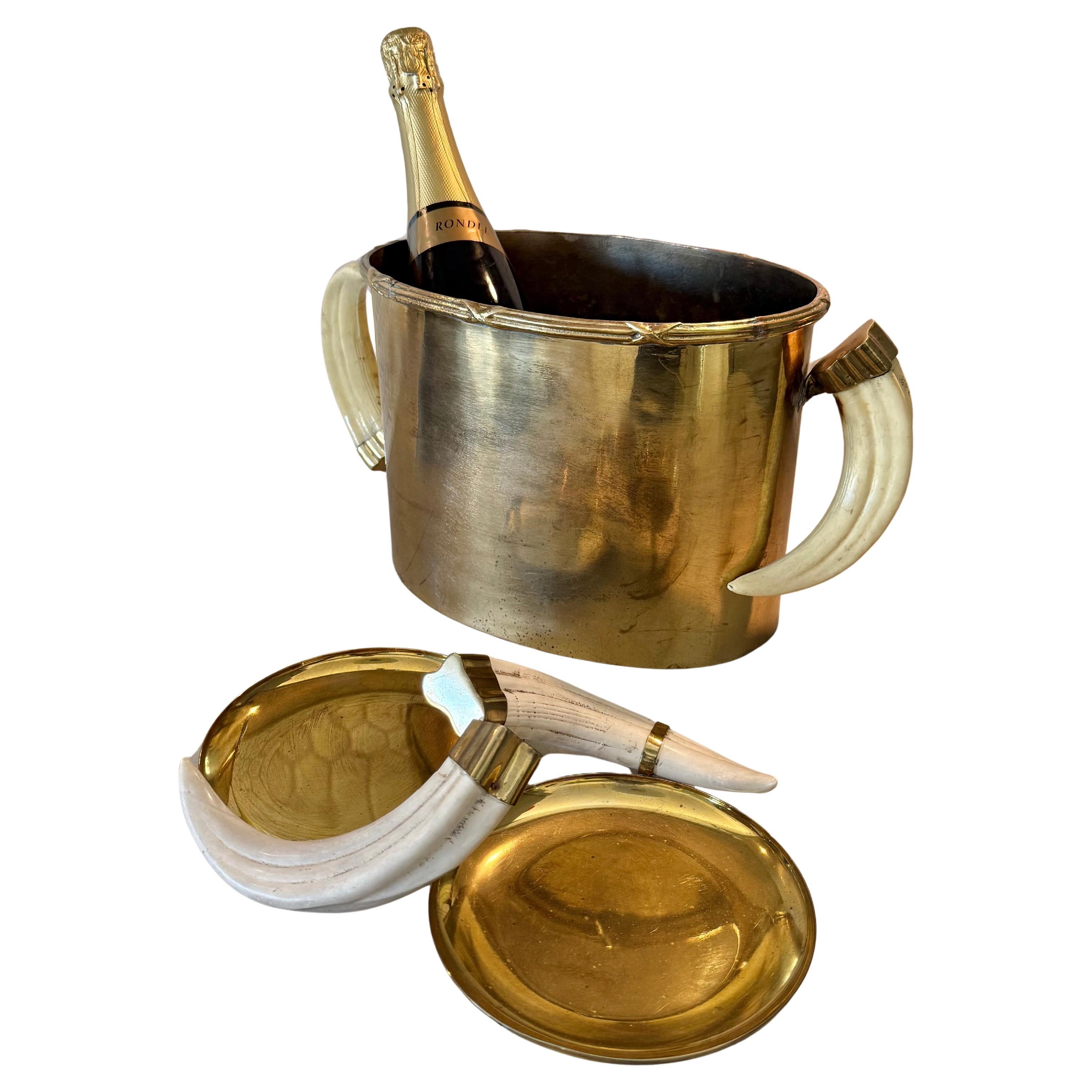Italian Brass Ice Bucket with Faux Horn Dish, Vintage