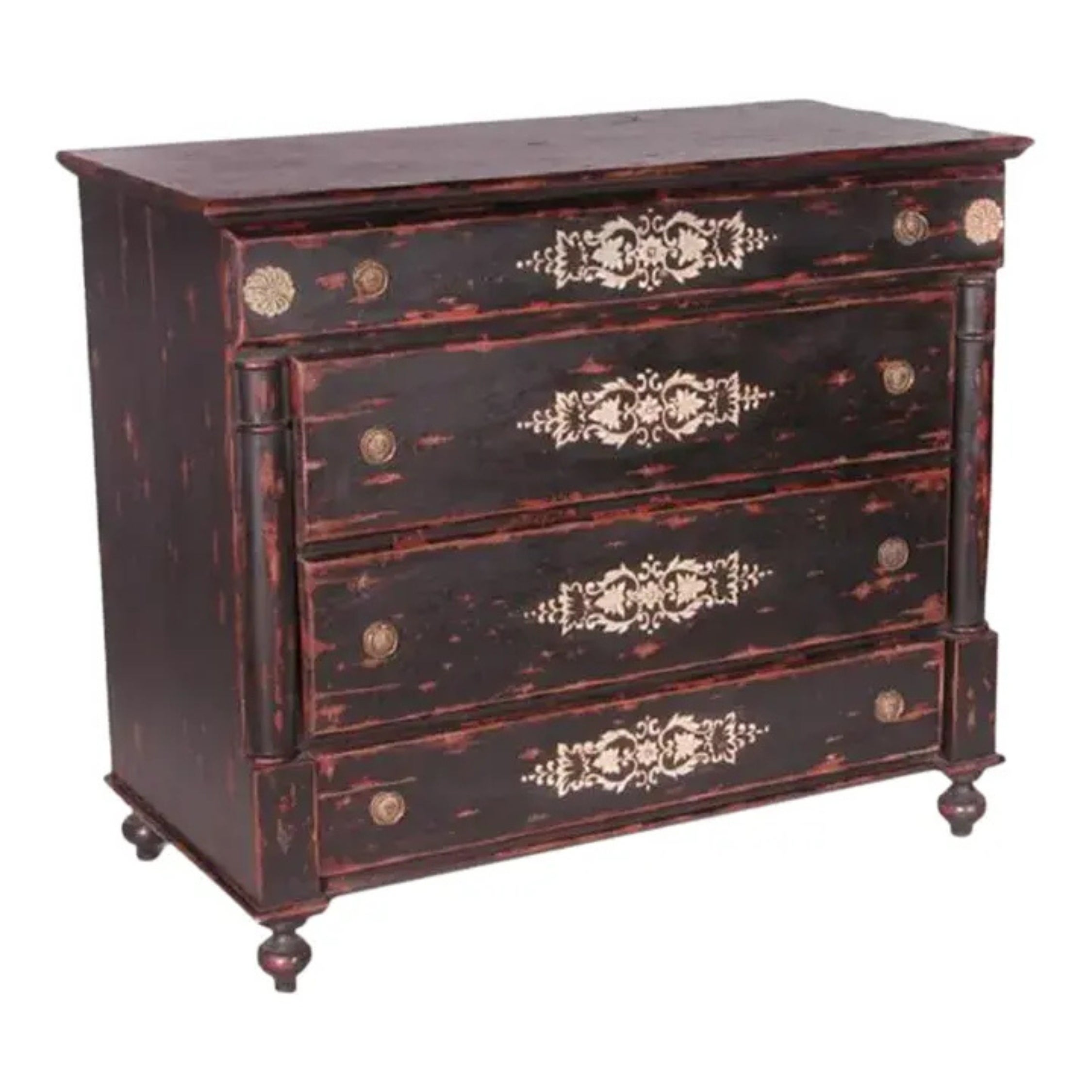 Italian Brass Inlaid Chest with Ebony Half Columns and Three Drawers For Sale