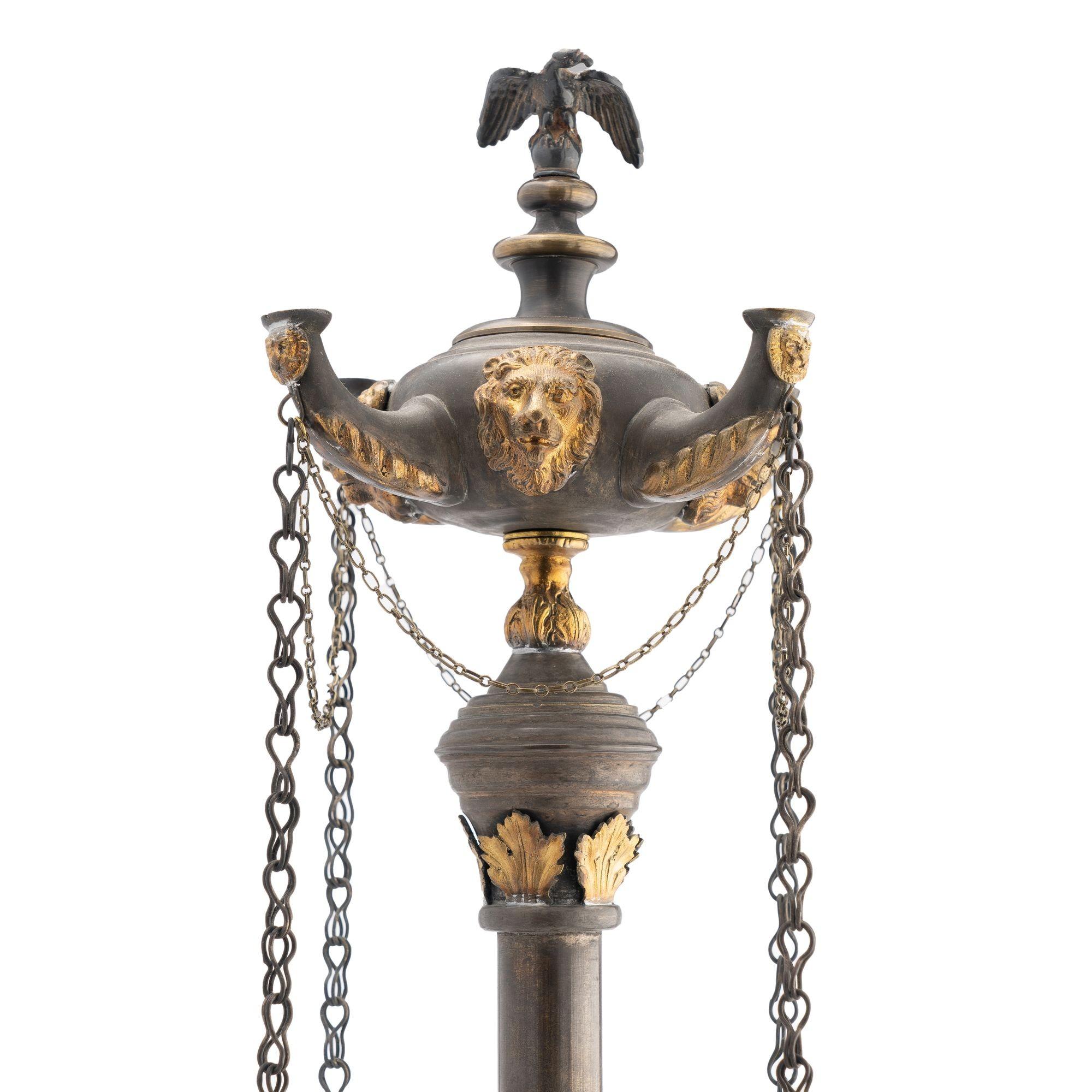 Italian Brass Lucerne Oil Lamp with Contrasting Gilt Embellishments '1800' In Good Condition For Sale In Kenilworth, IL
