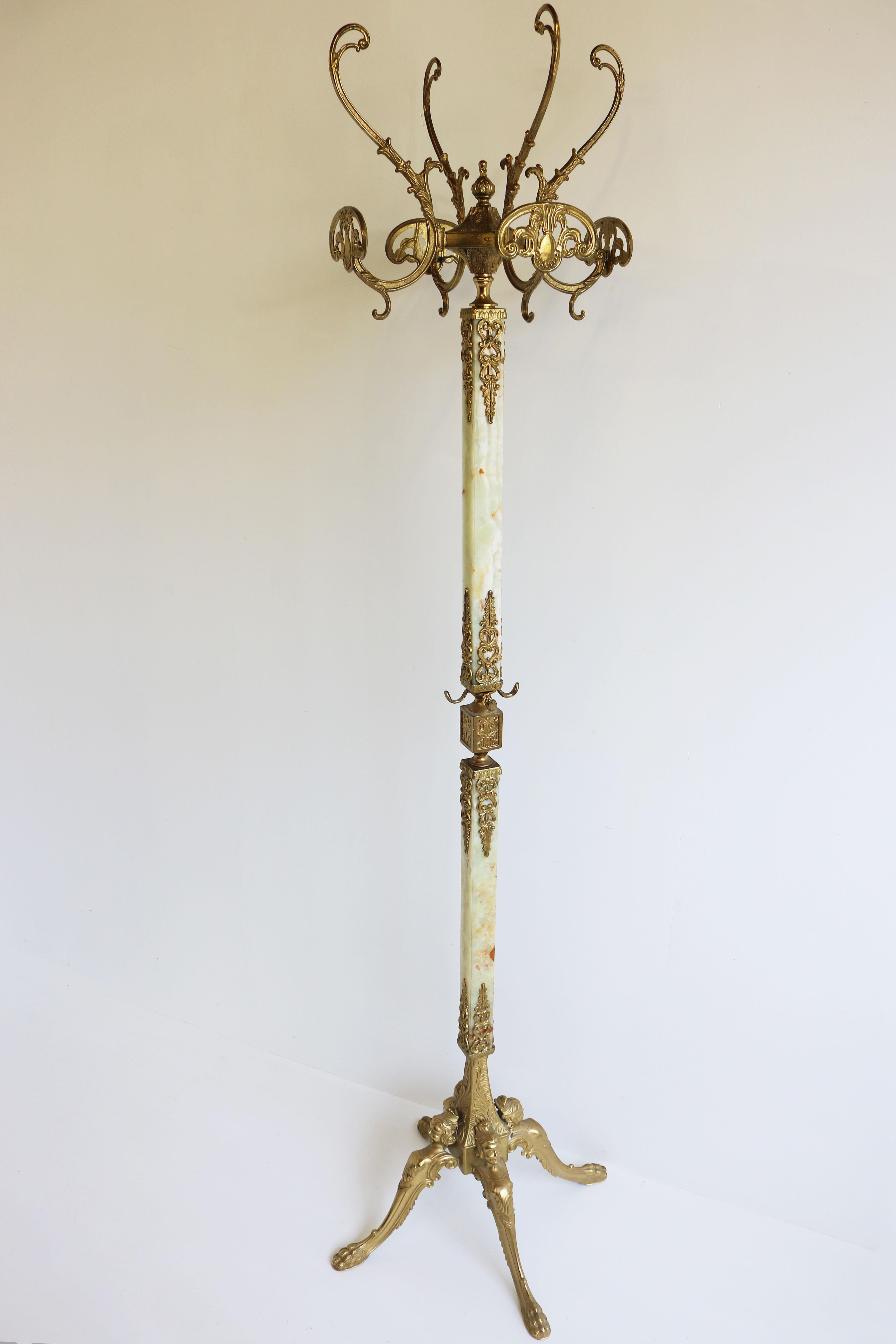 Italian Brass Marble Coat Rack Hall Tree 50s Hallway Hat Rack Neo Classical Onyx 1