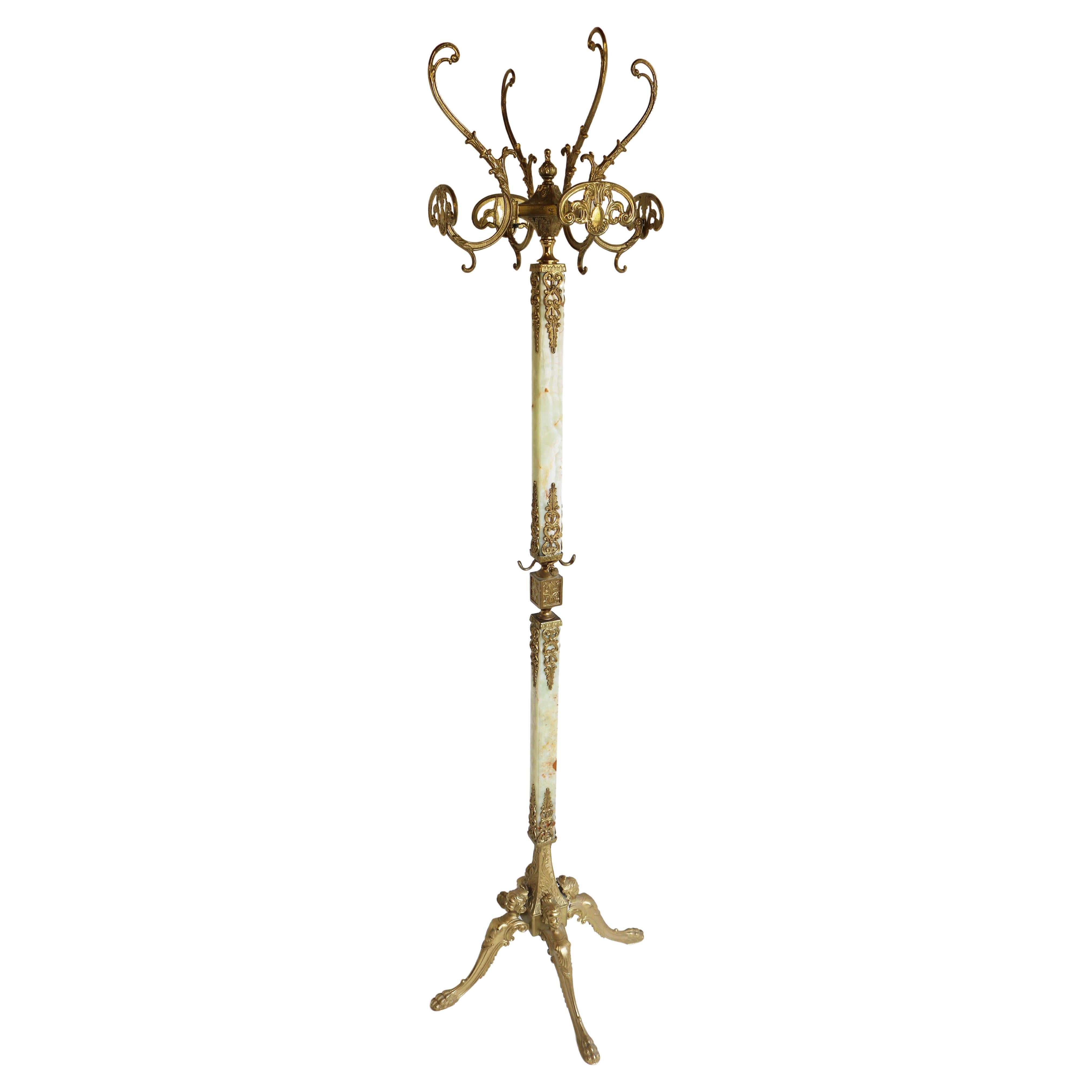 Italian Brass Marble Coat Rack Hall Tree 50s Hallway Hat Rack Neo Classical Onyx