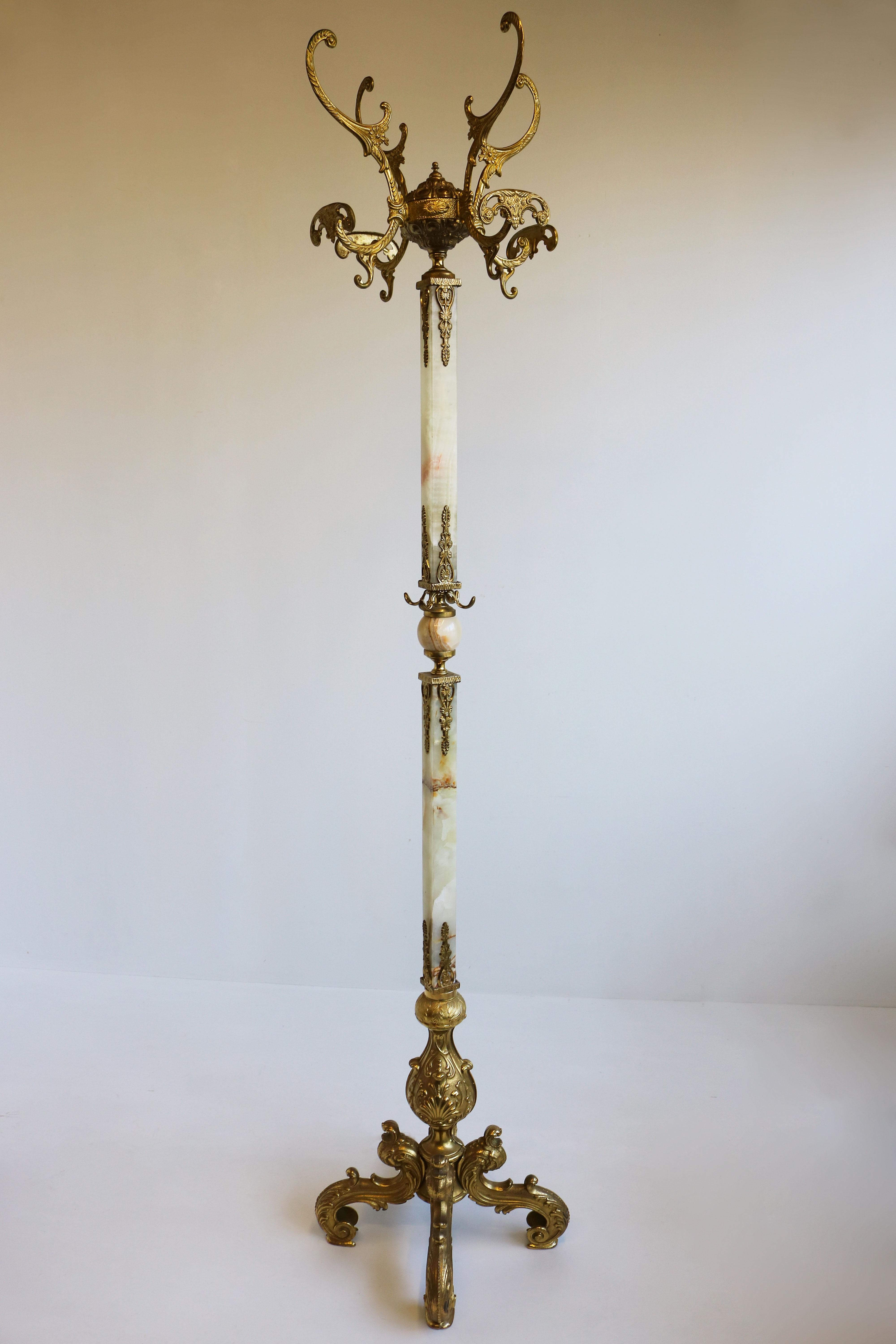 Italian Brass Marble Coat Rack Hall Tree 50s Hallway Hat Rack Onyx Neoclassical 7