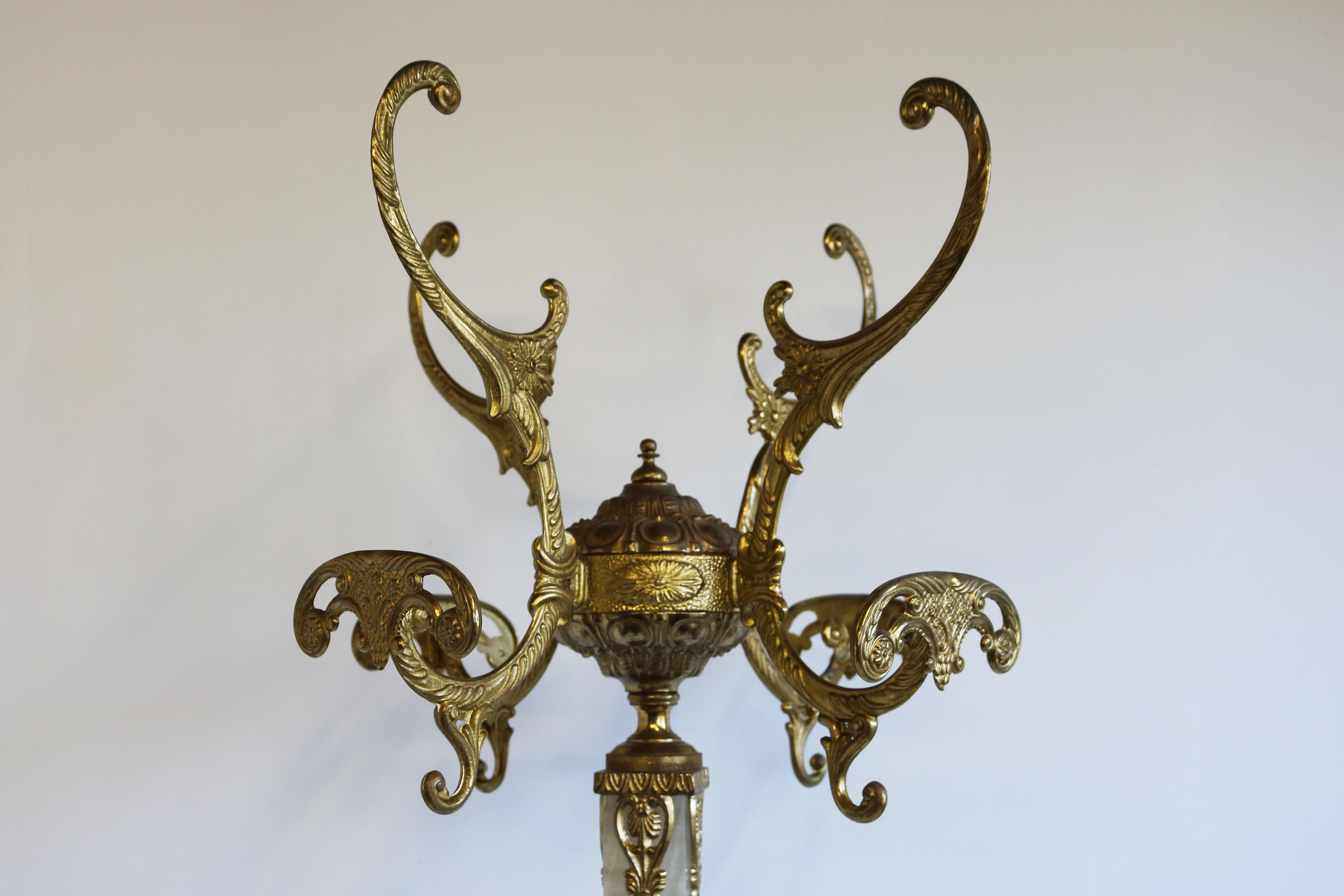 Hollywood Regency Italian Brass Marble Coat Rack Hall Tree 50s Hallway Hat Rack Onyx Neoclassical